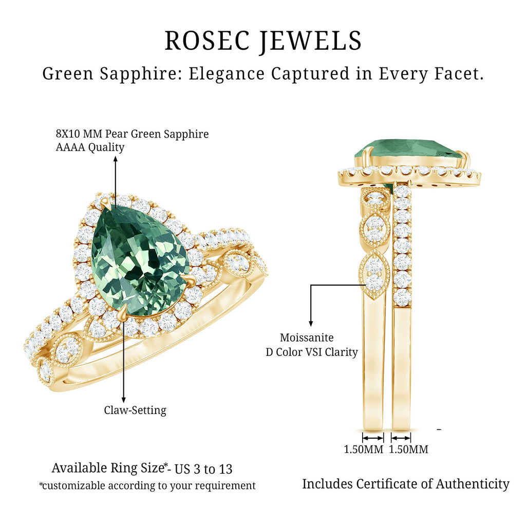 Lab Grown Green Sapphire Teardrop Engagement Ring Set