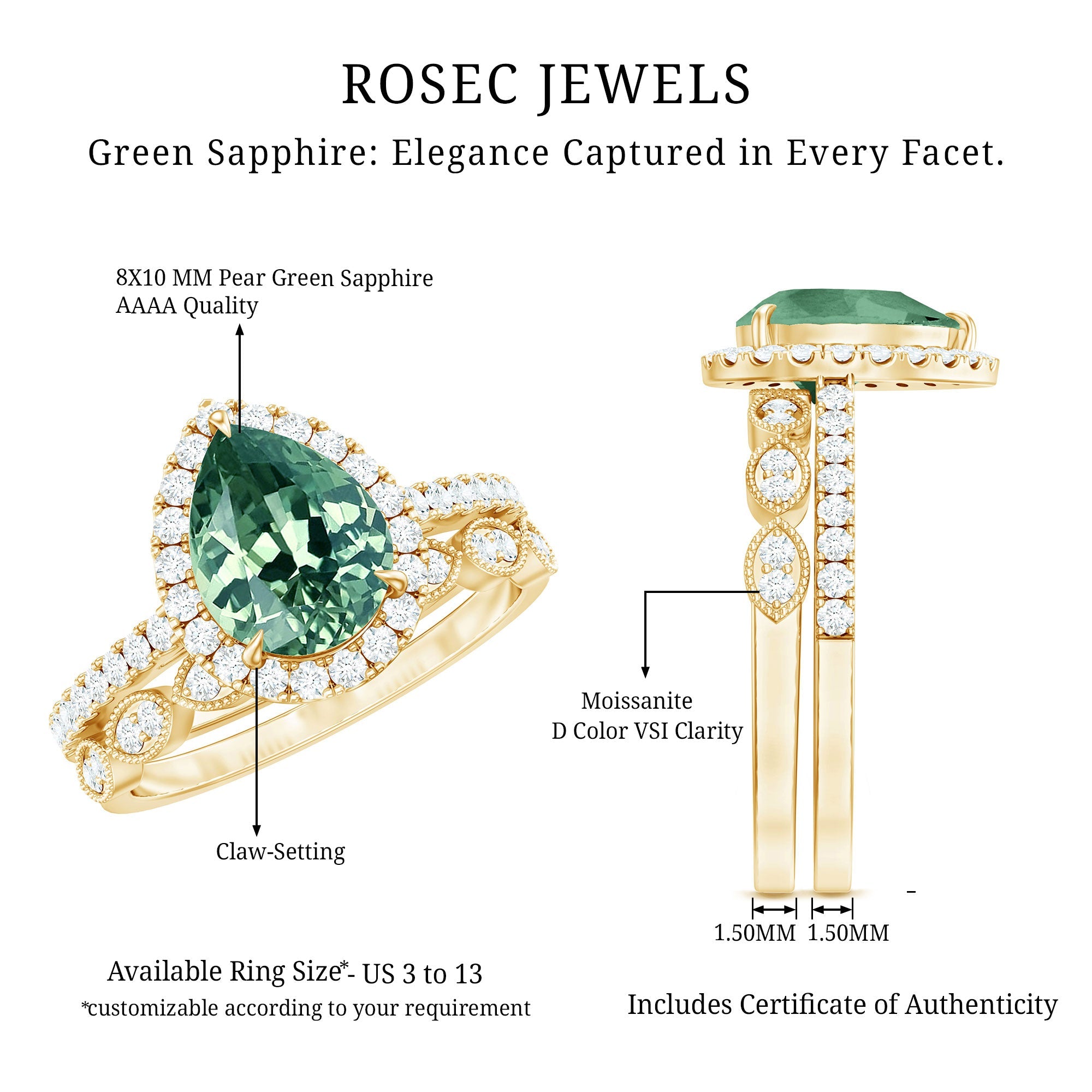 Lab Grown Green Sapphire Teardrop Engagement Ring Set