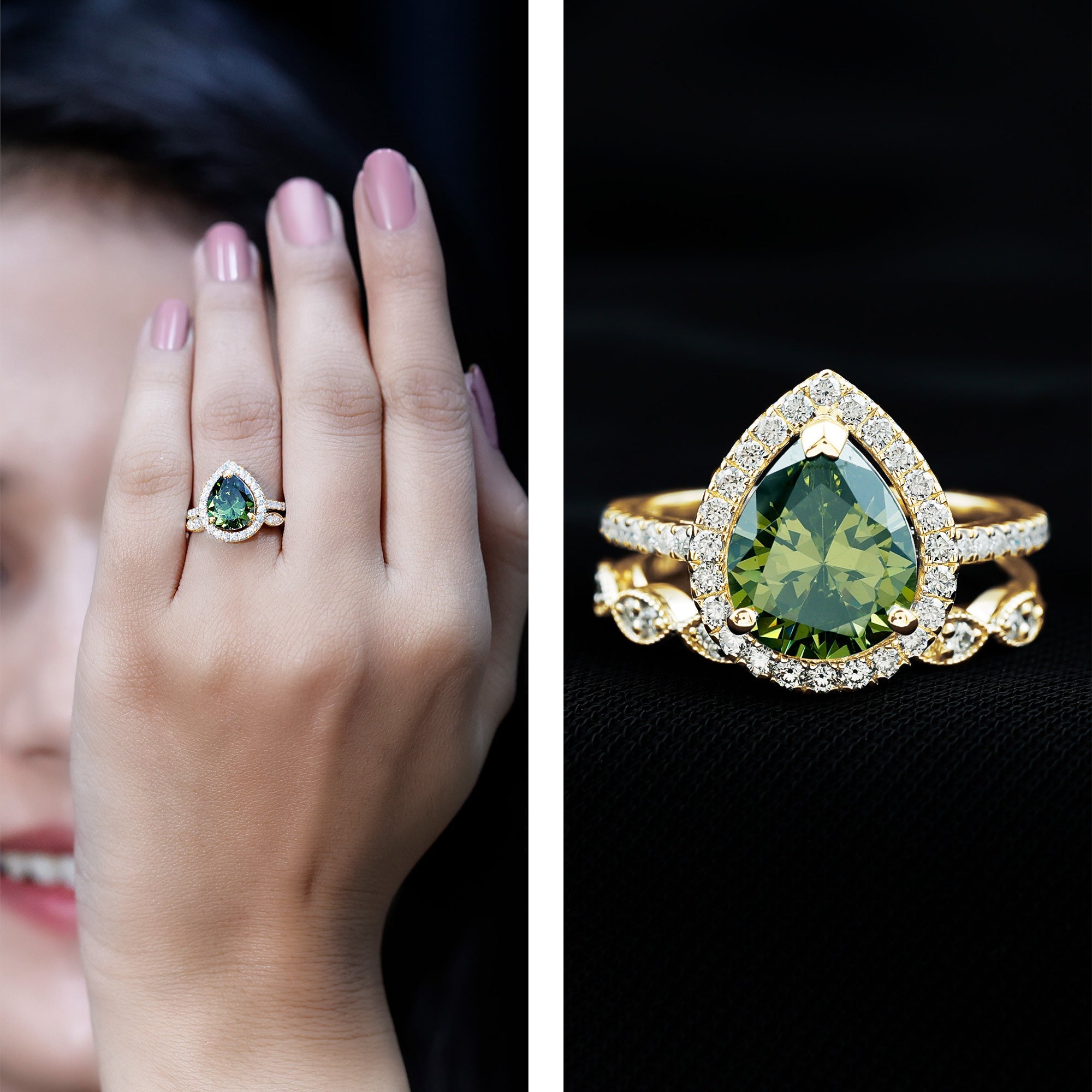 Lab Grown Green Sapphire Teardrop Engagement Ring Set