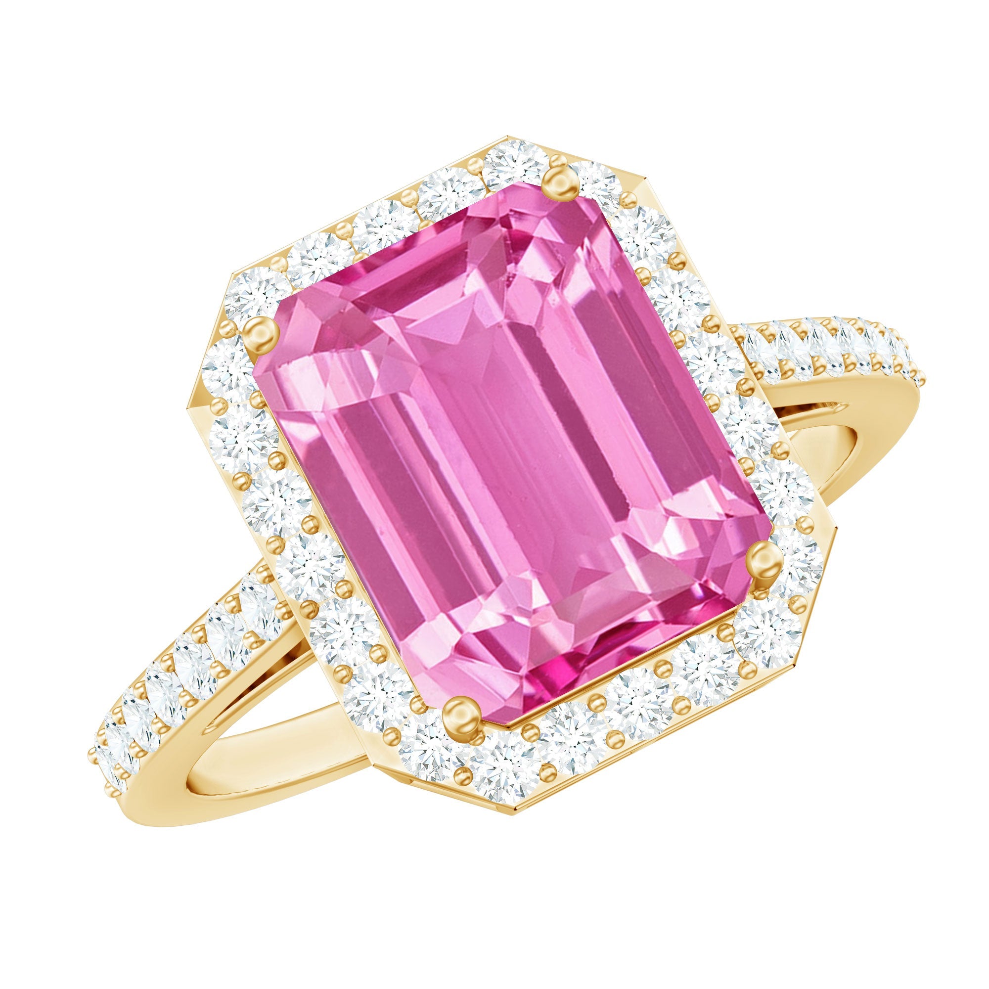 2.75 Carat Lab Grown Pink Sapphire Emerald Cut Engagement Ring with Diamond