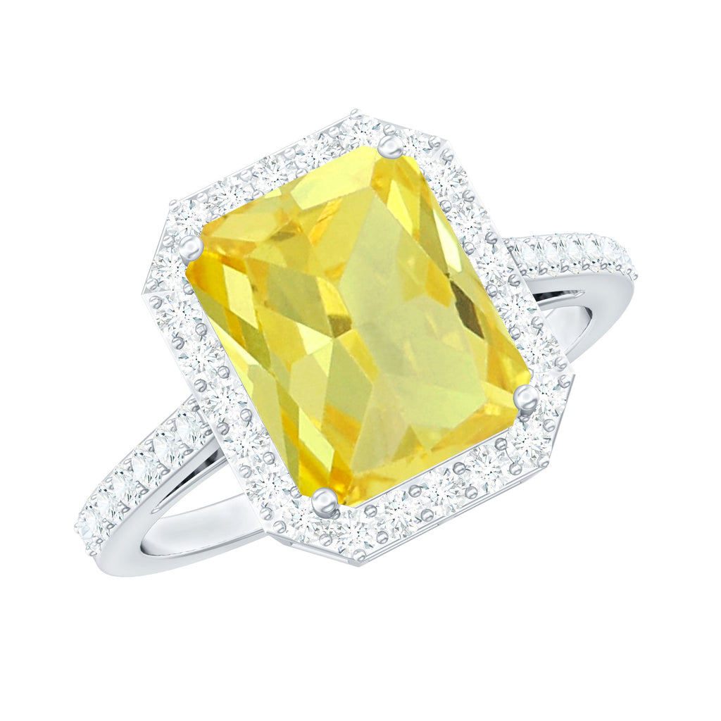 Lab Grown Yellow Sapphire Emerald Cut Engagement Ring with Diamond