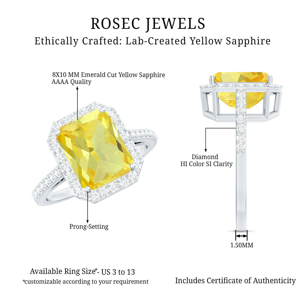 Lab Grown Yellow Sapphire Emerald Cut Engagement Ring with Diamond