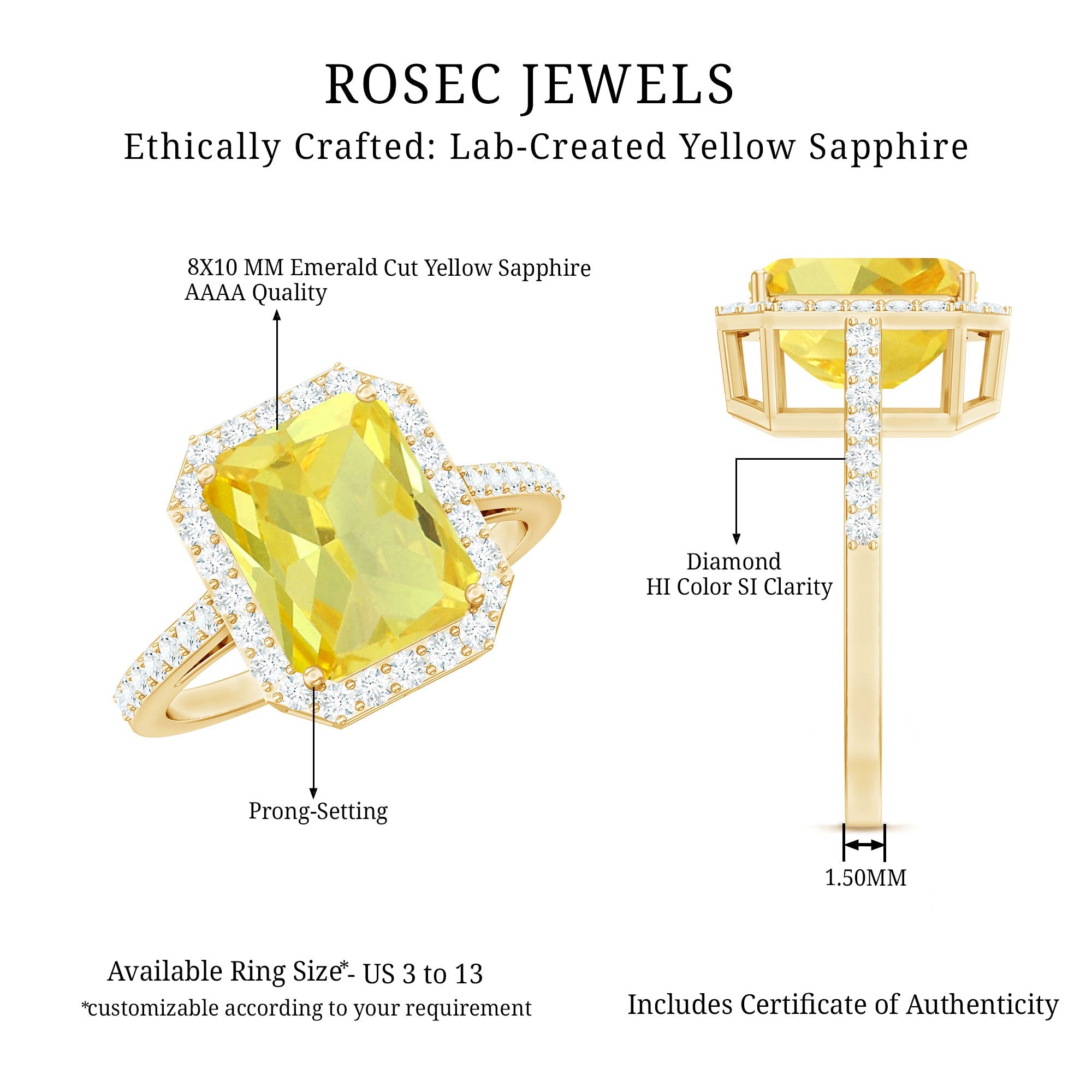 Lab Grown Yellow Sapphire Emerald Cut Engagement Ring with Diamond