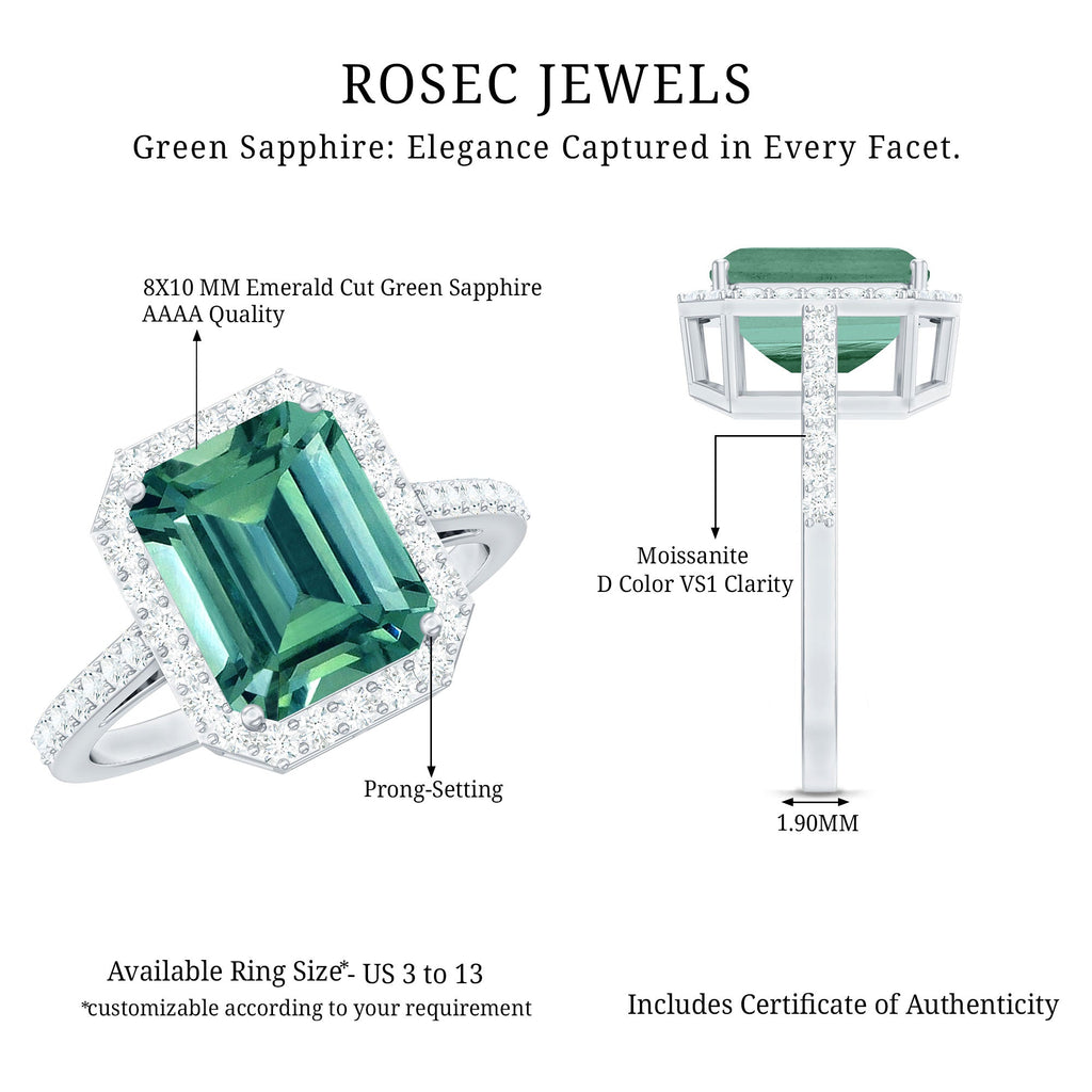 Lab Grown Green Sapphire Emerald Cut Engagement Ring with Moissanite