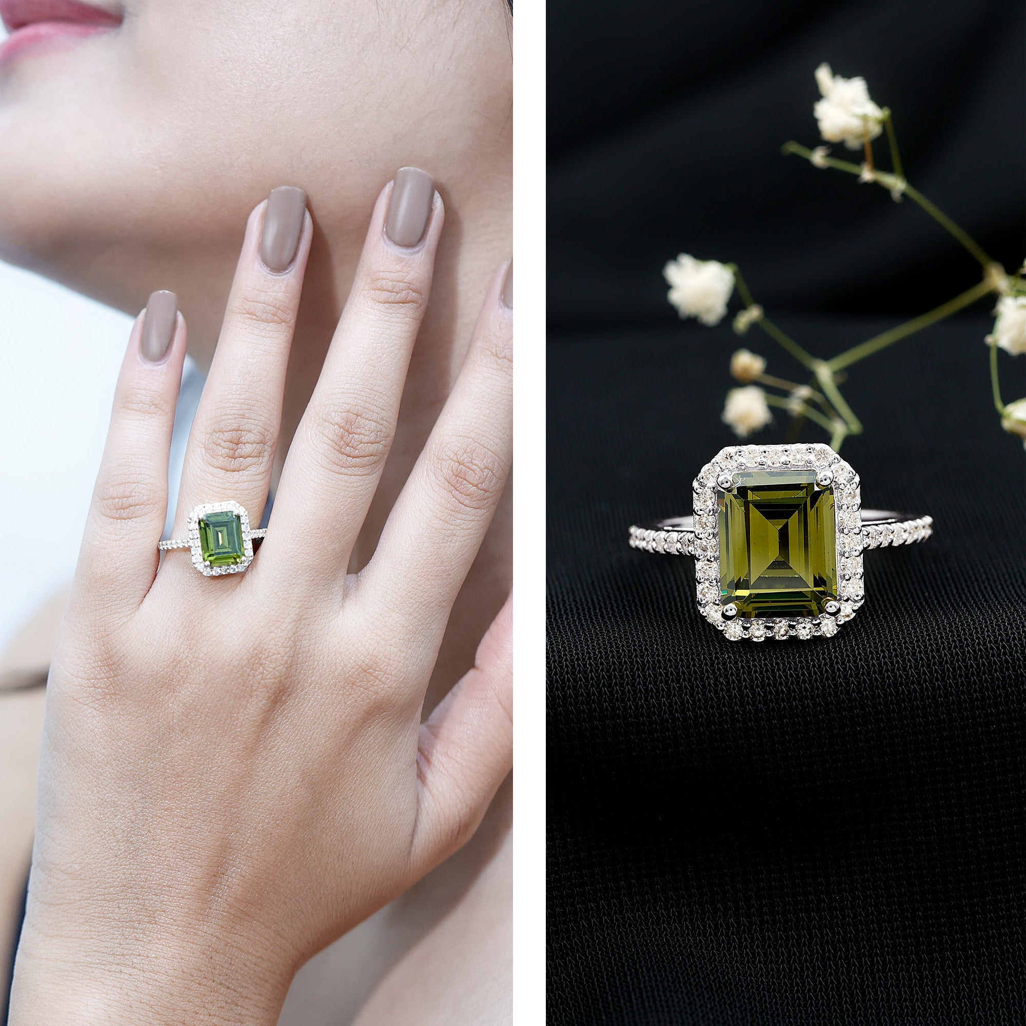 Lab Grown Green Sapphire Emerald Cut Engagement Ring with Moissanite