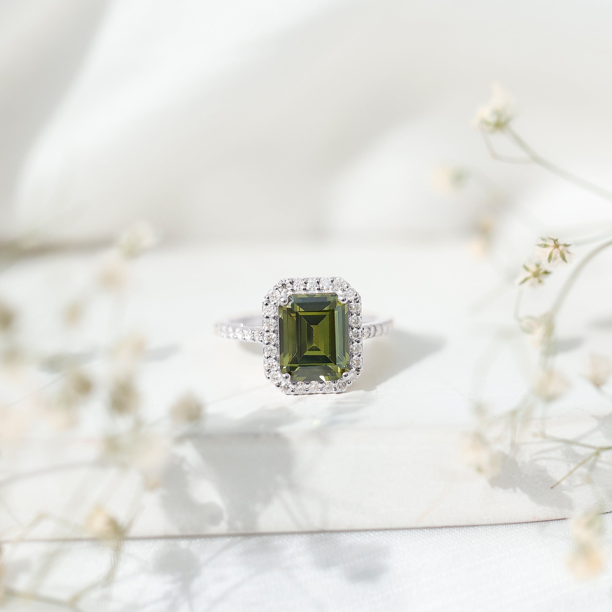 Lab Grown Green Sapphire Emerald Cut Engagement Ring with Moissanite