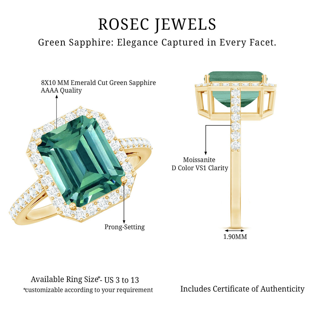 Lab Grown Green Sapphire Emerald Cut Engagement Ring with Moissanite