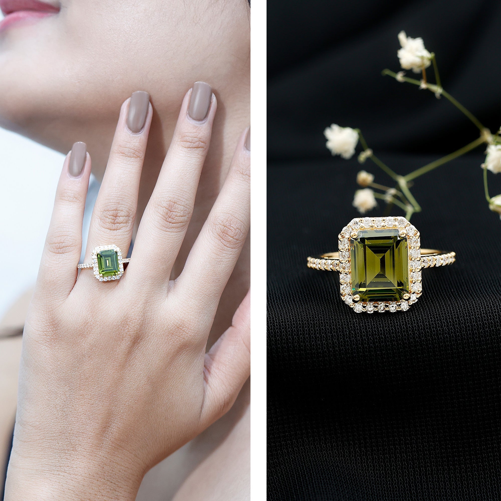 Lab Grown Green Sapphire Emerald Cut Engagement Ring with Moissanite