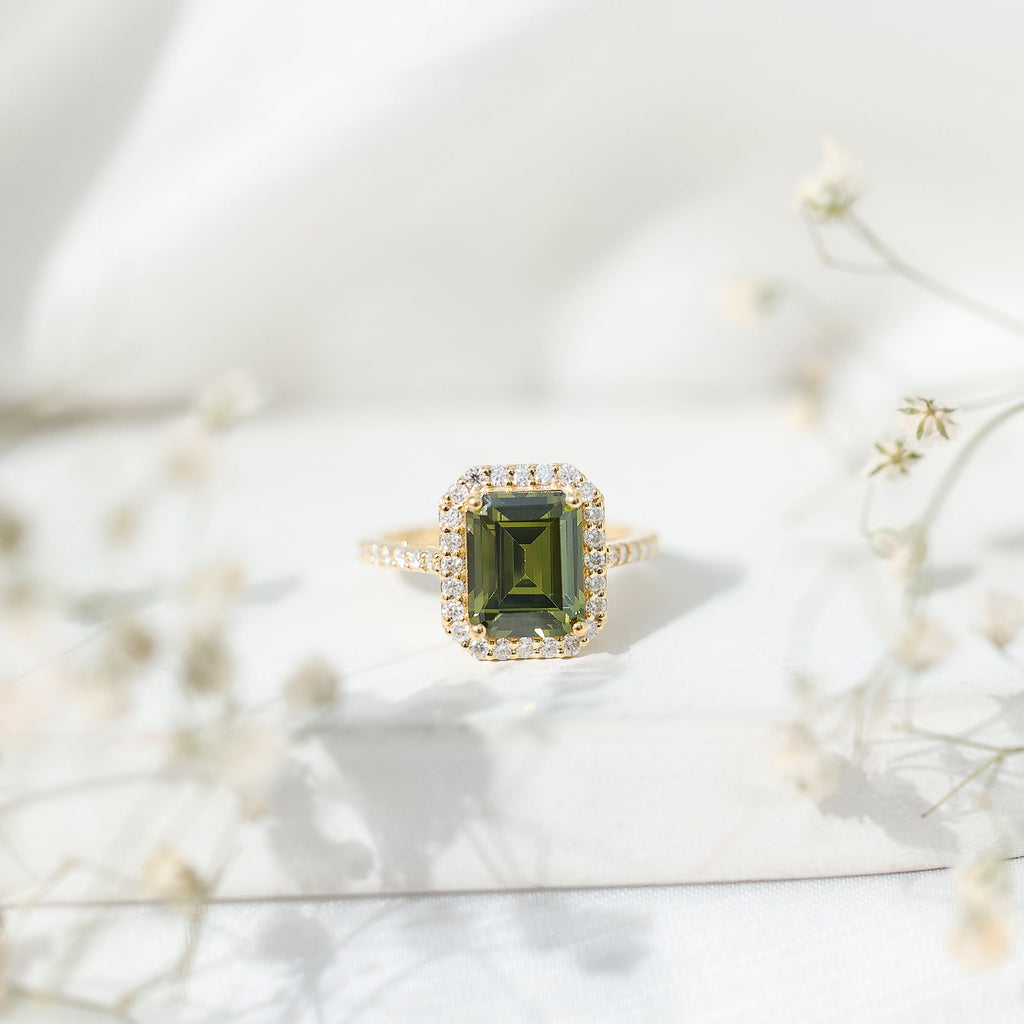 Lab Grown Green Sapphire Emerald Cut Engagement Ring with Moissanite