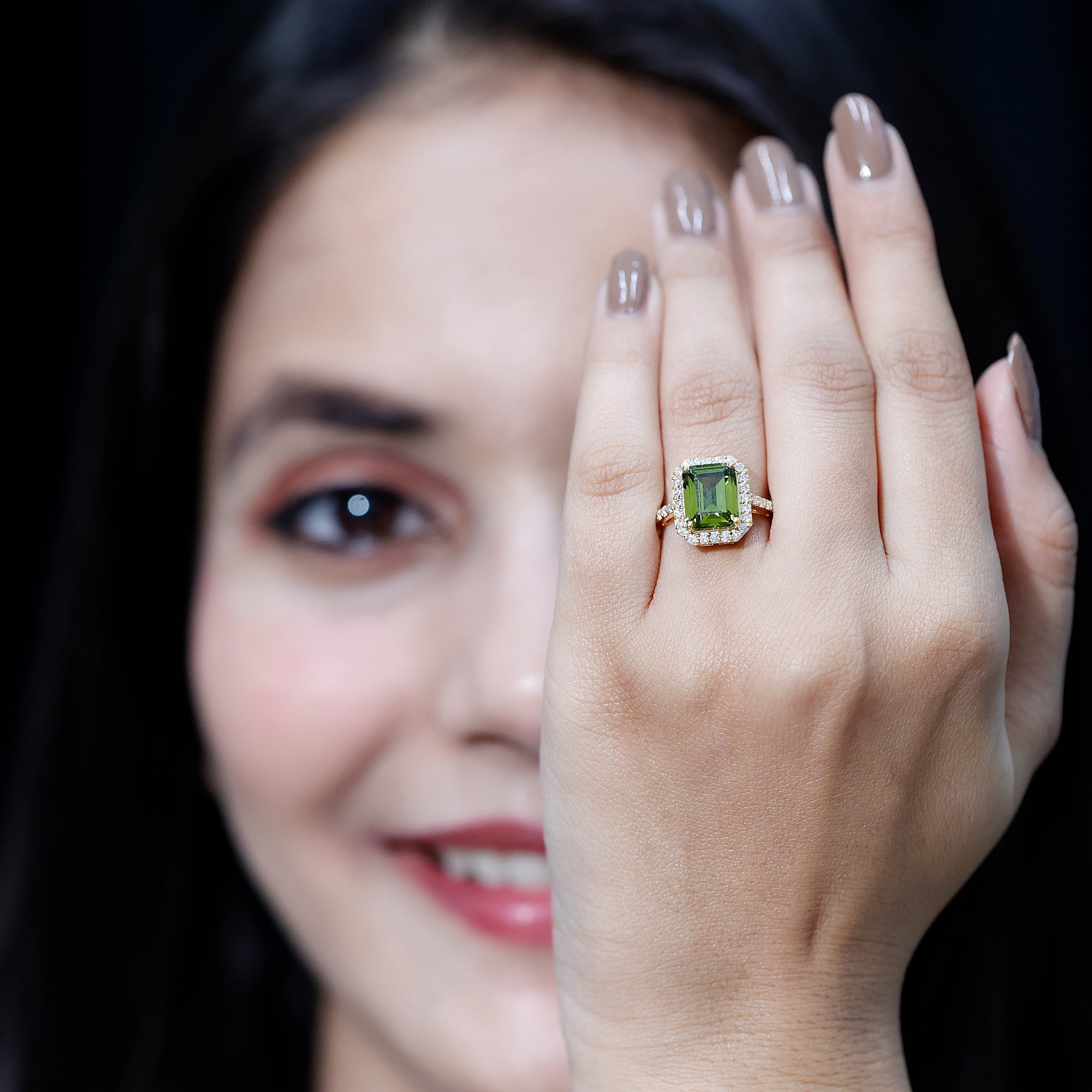 Lab Grown Green Sapphire Emerald Cut Engagement Ring with Moissanite