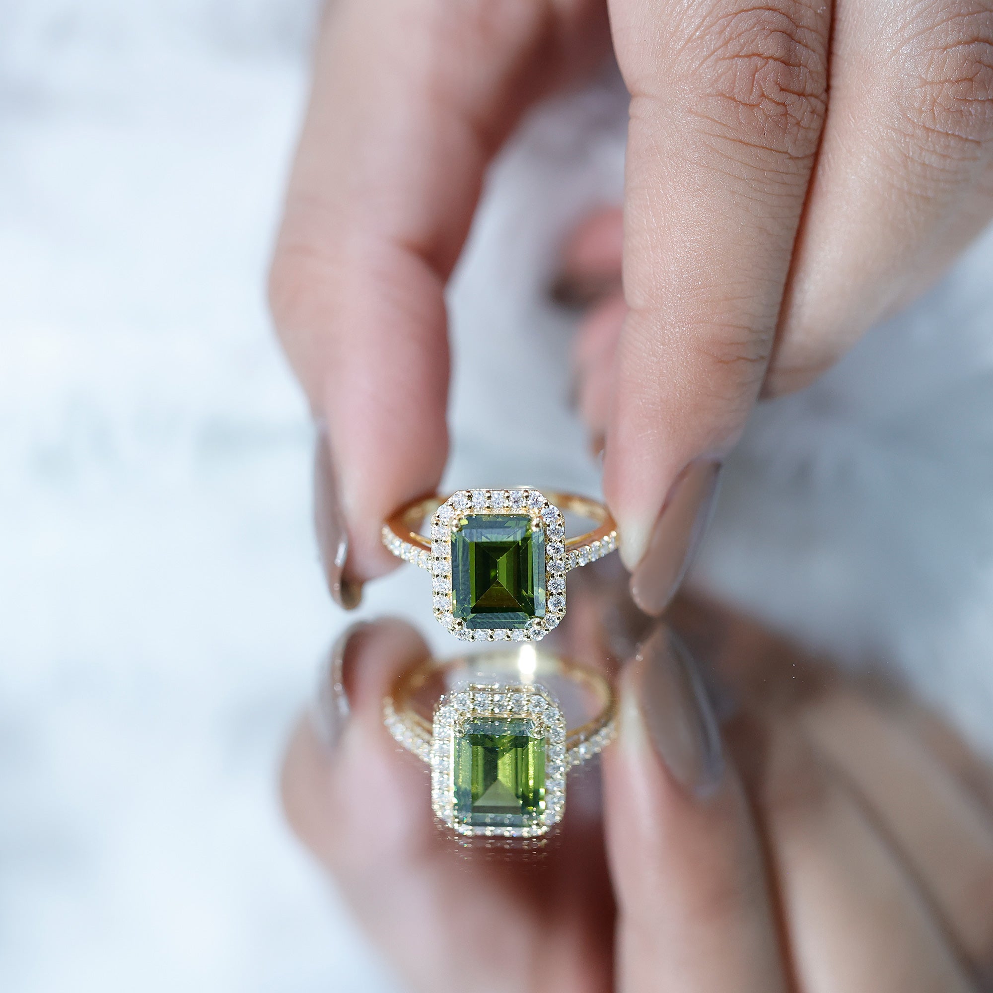 Lab Grown Green Sapphire Emerald Cut Engagement Ring with Moissanite