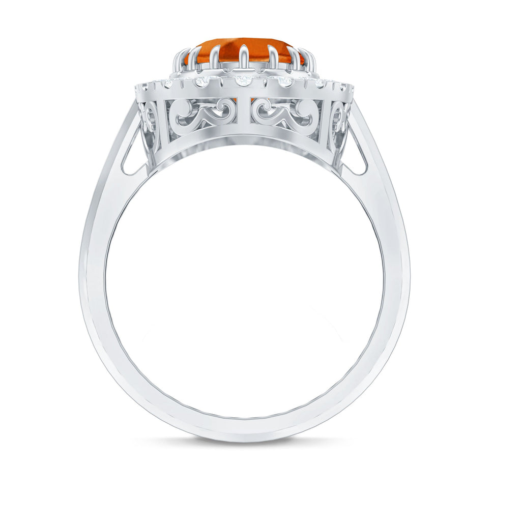 Certified 4 Carat Lab Grown Orange Sapphire Huge Engagement Ring with Halo