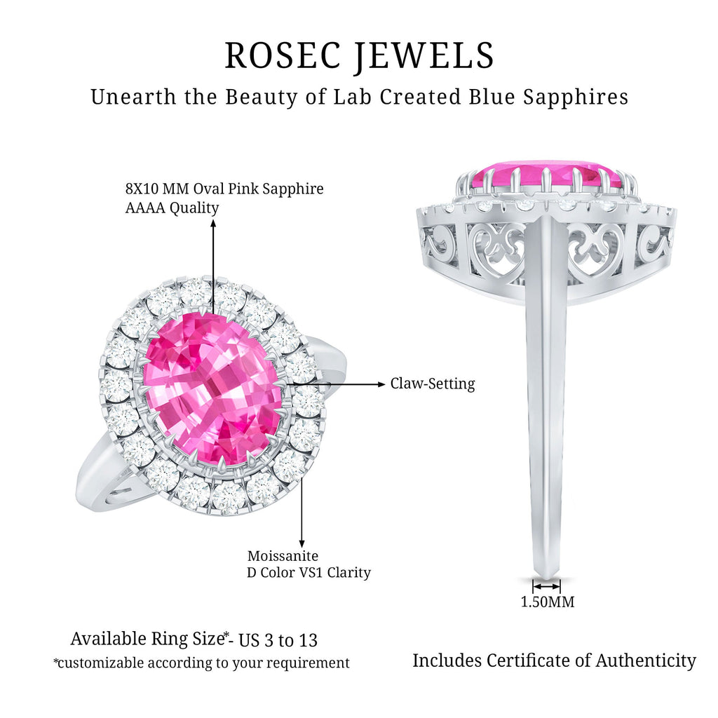 4 Carat Lab Grown Pink Sapphire Vintage Engagement Ring with Moissanite Halo