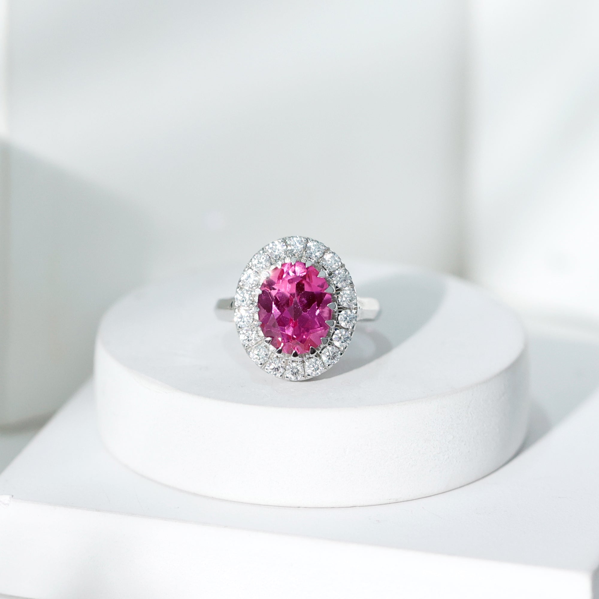4 Carat Lab Grown Pink Sapphire Vintage Engagement Ring with Moissanite Halo