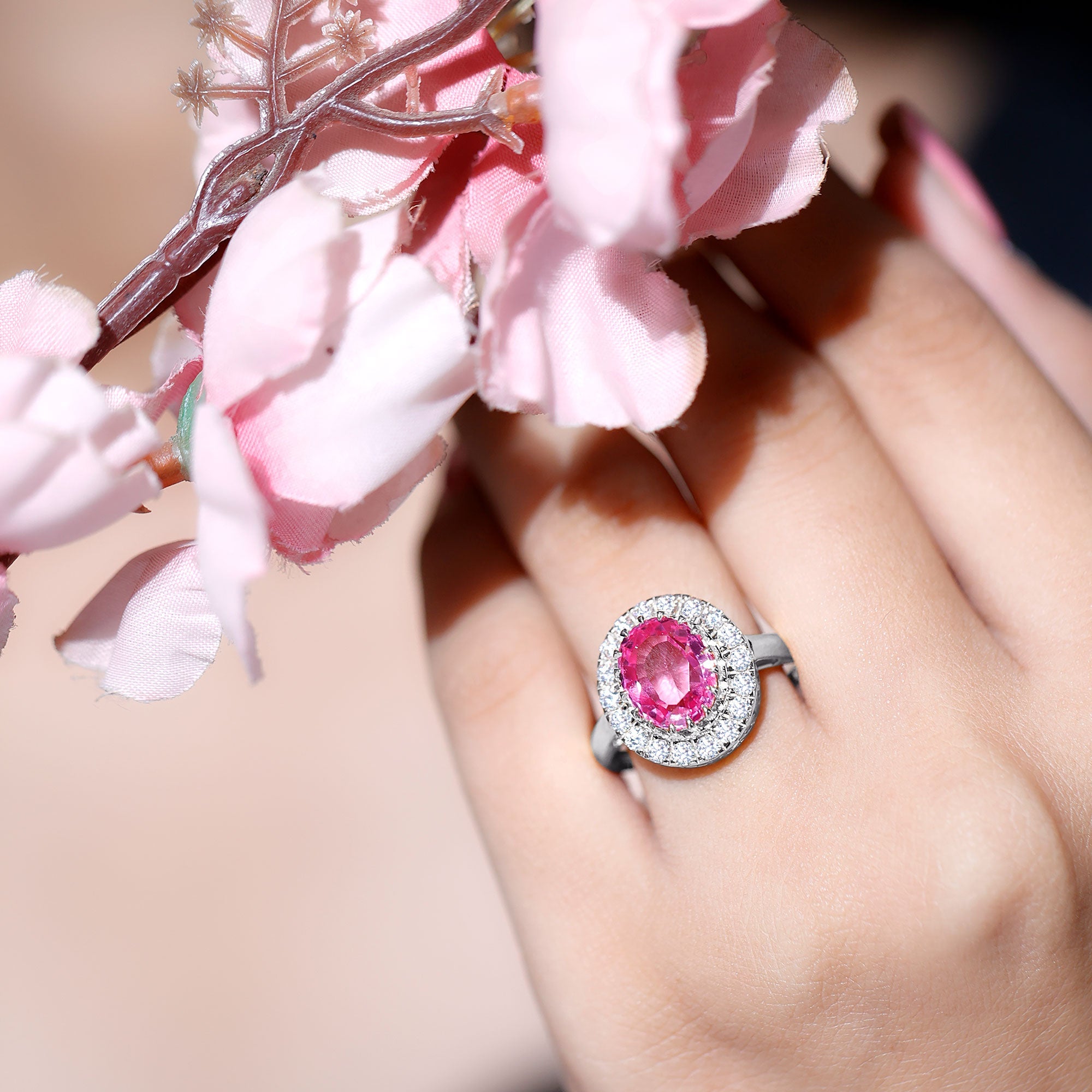 4 Carat Lab Grown Pink Sapphire Vintage Engagement Ring with Moissanite Halo