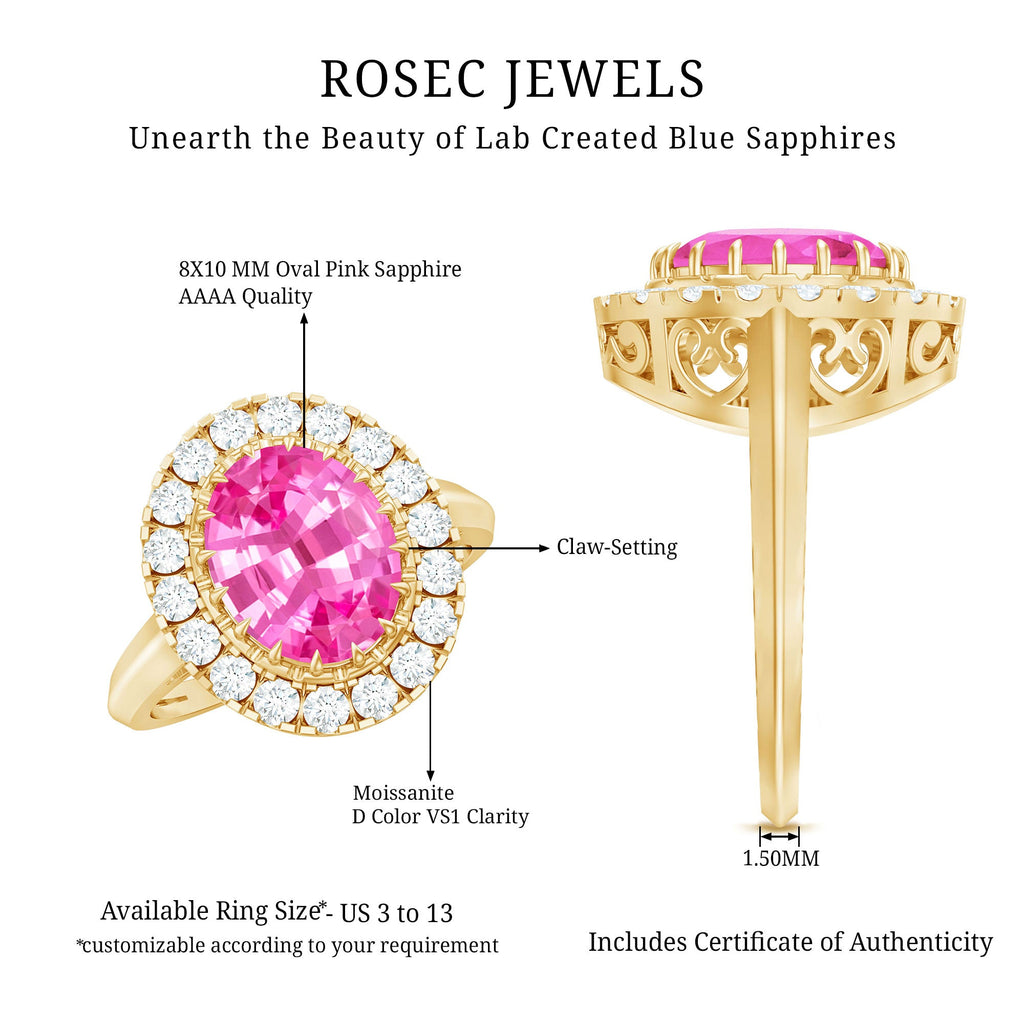 4 Carat Lab Grown Pink Sapphire Vintage Engagement Ring with Moissanite Halo