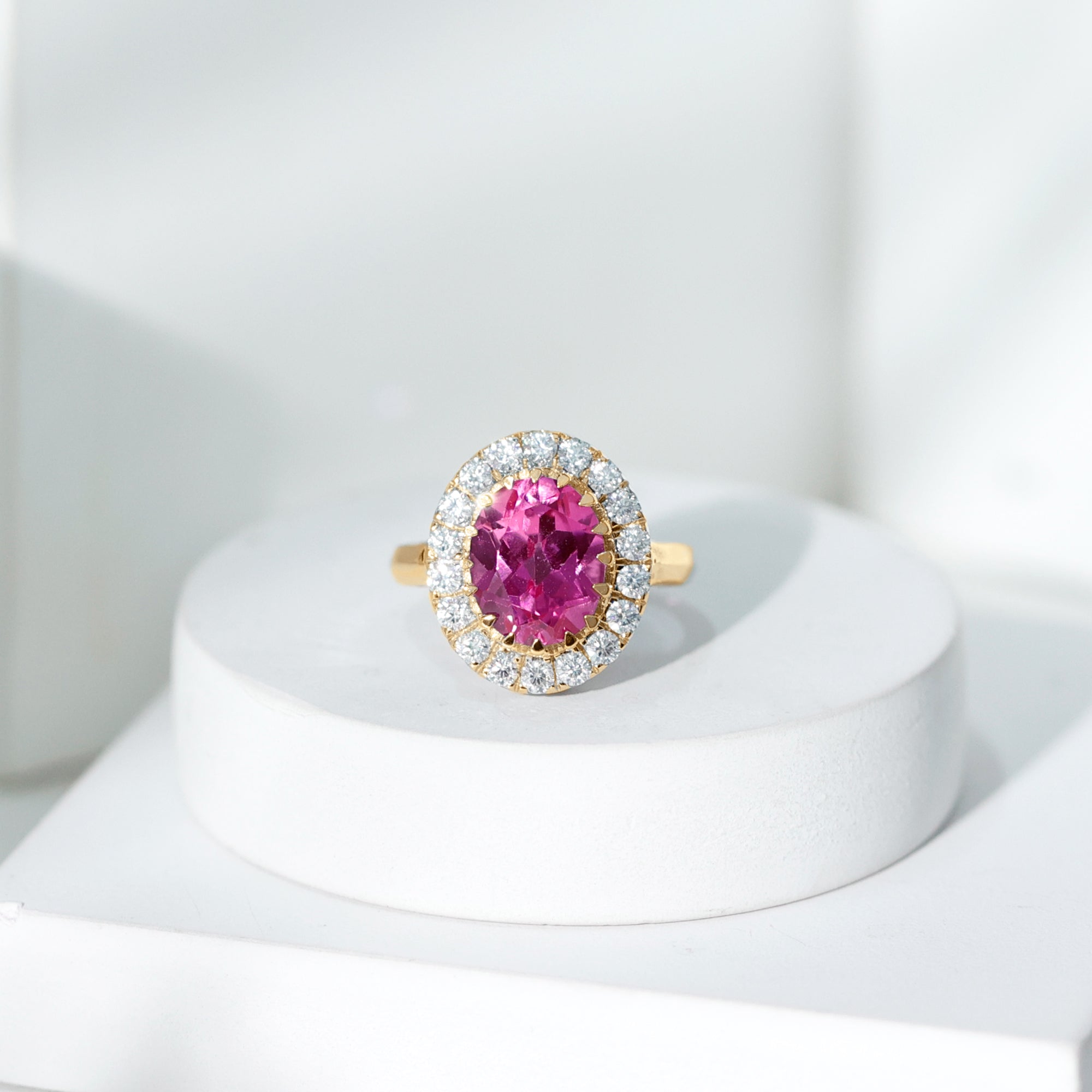 4 Carat Lab Grown Pink Sapphire Vintage Engagement Ring with Moissanite Halo