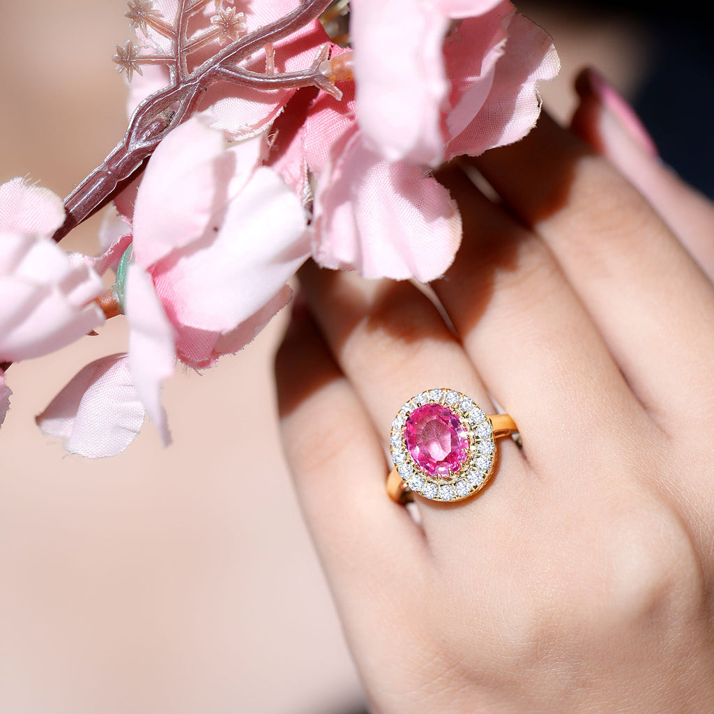 4 Carat Lab Grown Pink Sapphire Vintage Engagement Ring with Moissanite Halo