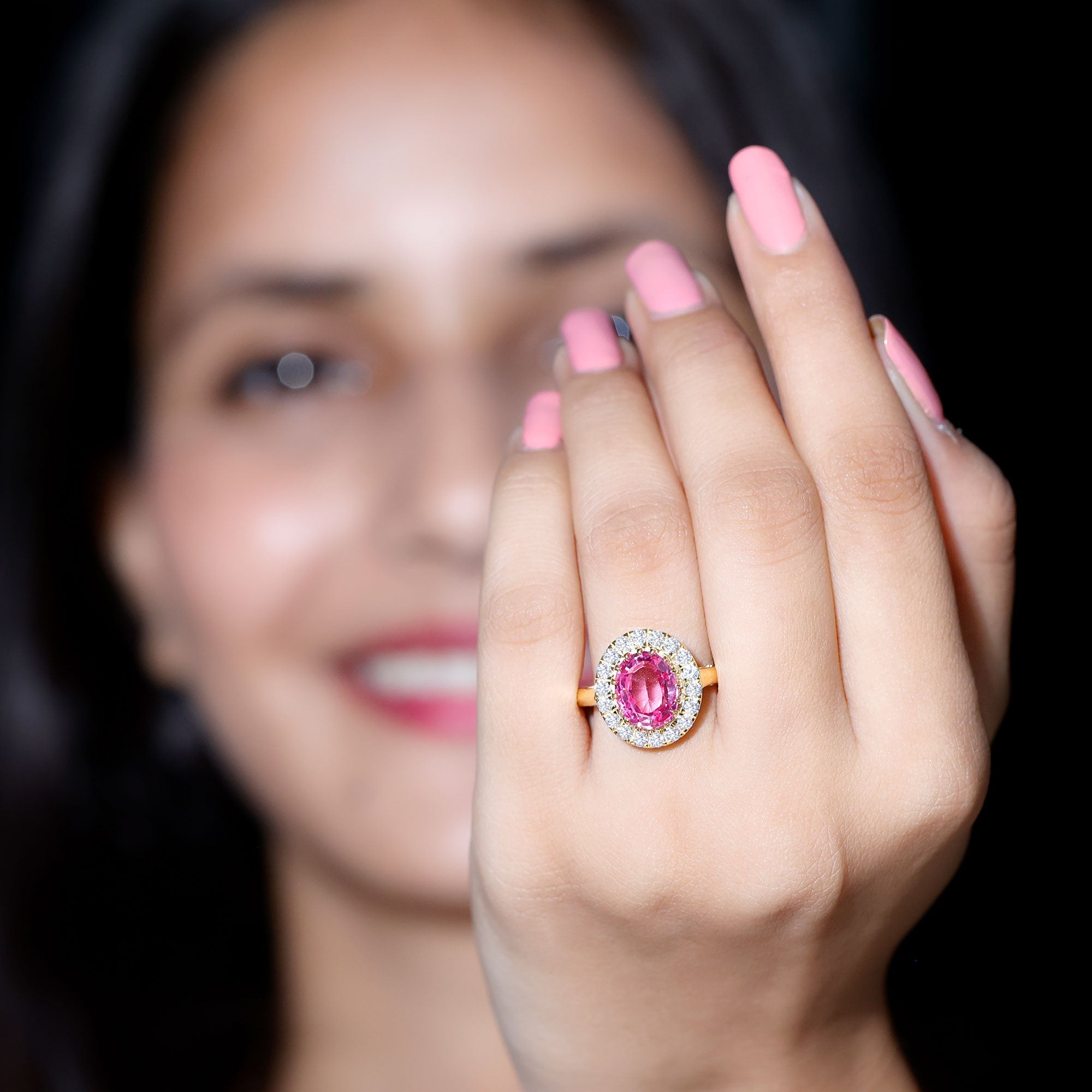 4 Carat Lab Grown Pink Sapphire Vintage Engagement Ring with Moissanite Halo