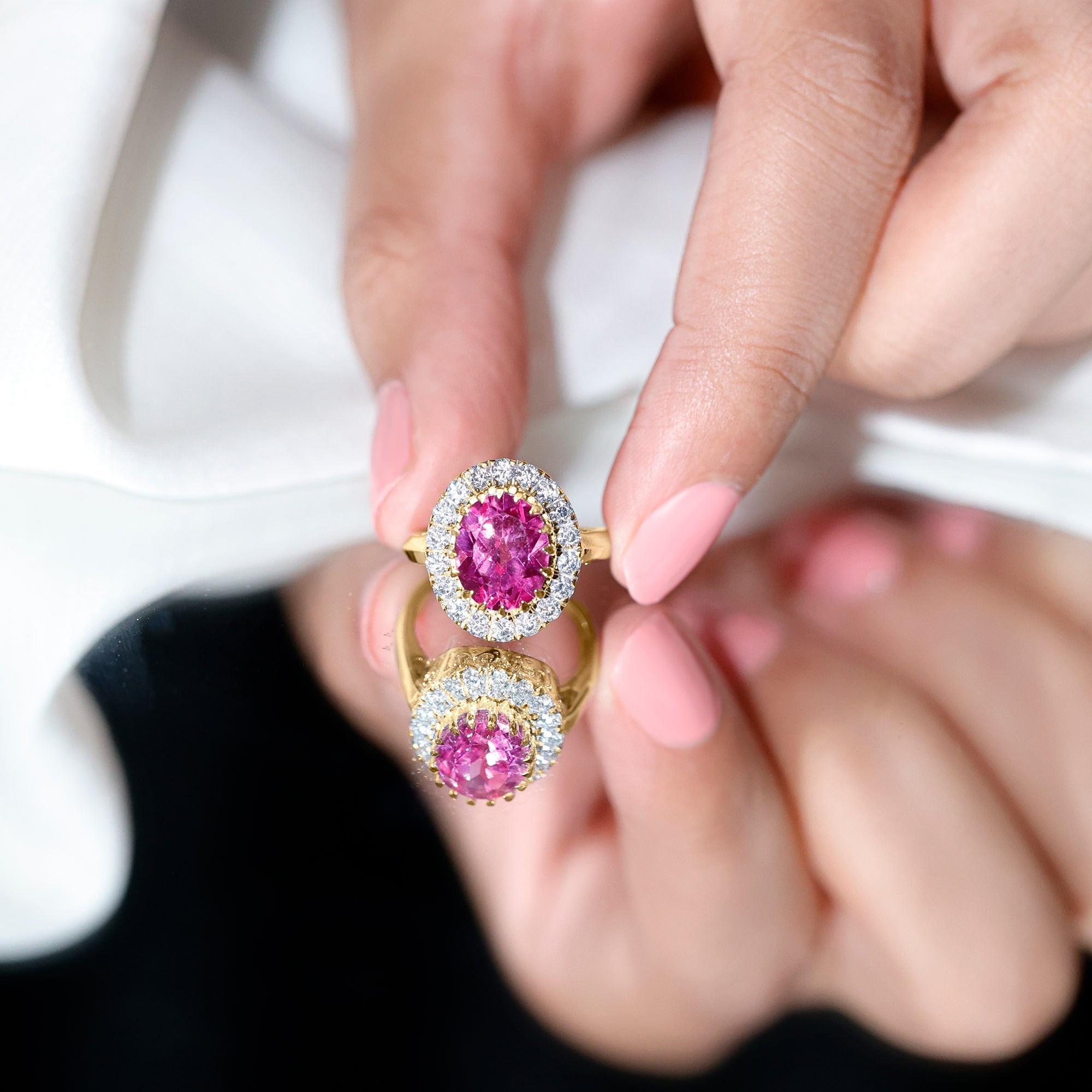 4 Carat Lab Grown Pink Sapphire Vintage Engagement Ring with Moissanite Halo