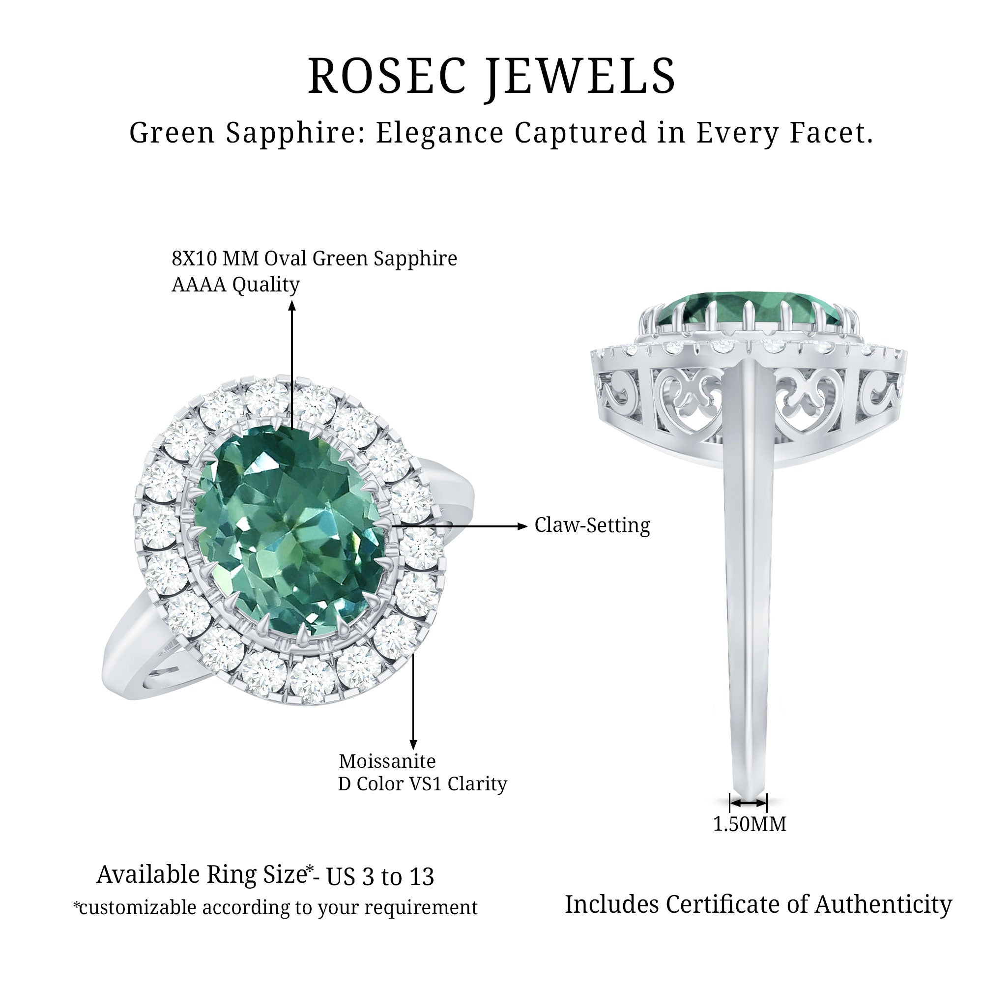 Oval Lab Grown Green Sapphire Engagement Ring with Moissanite Halo