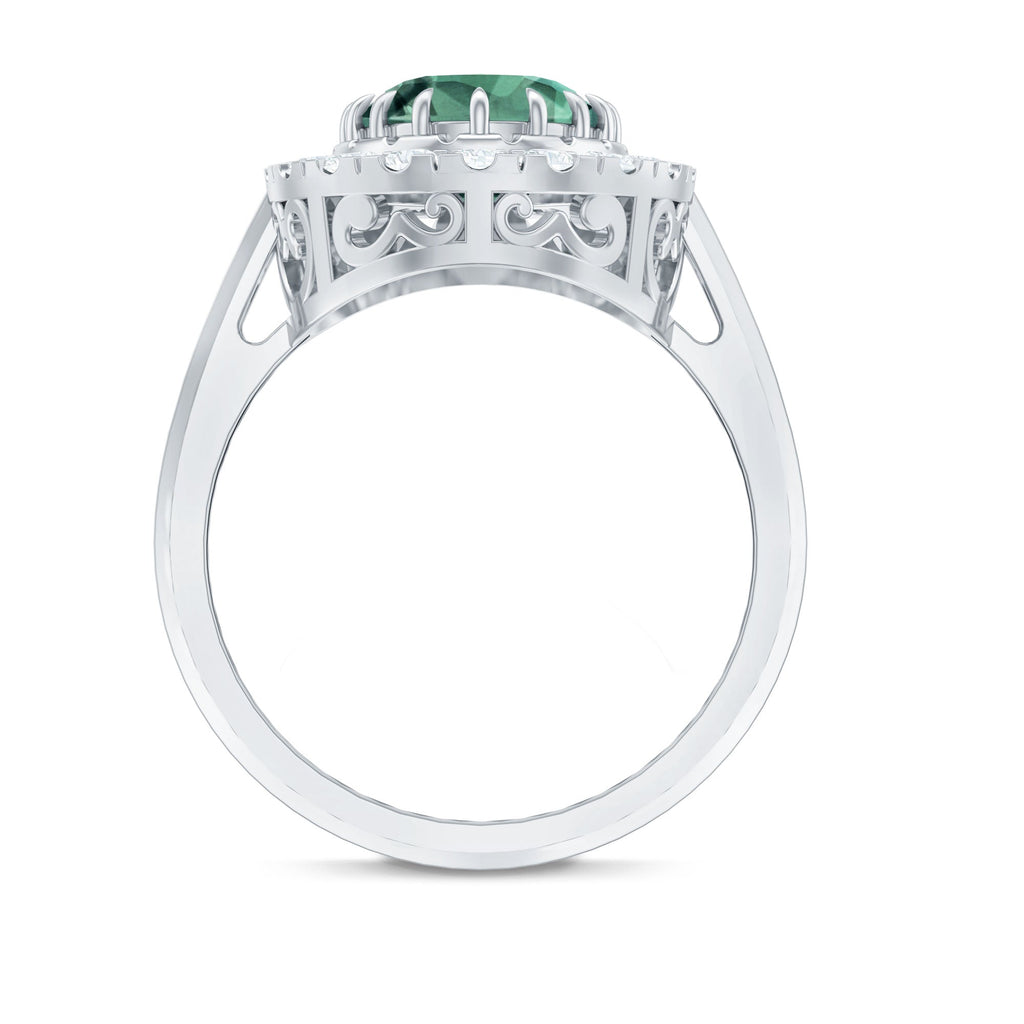 Oval Lab Grown Green Sapphire Engagement Ring with Moissanite Halo