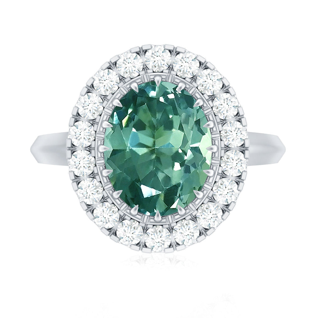 Oval Lab Grown Green Sapphire Engagement Ring with Moissanite Halo