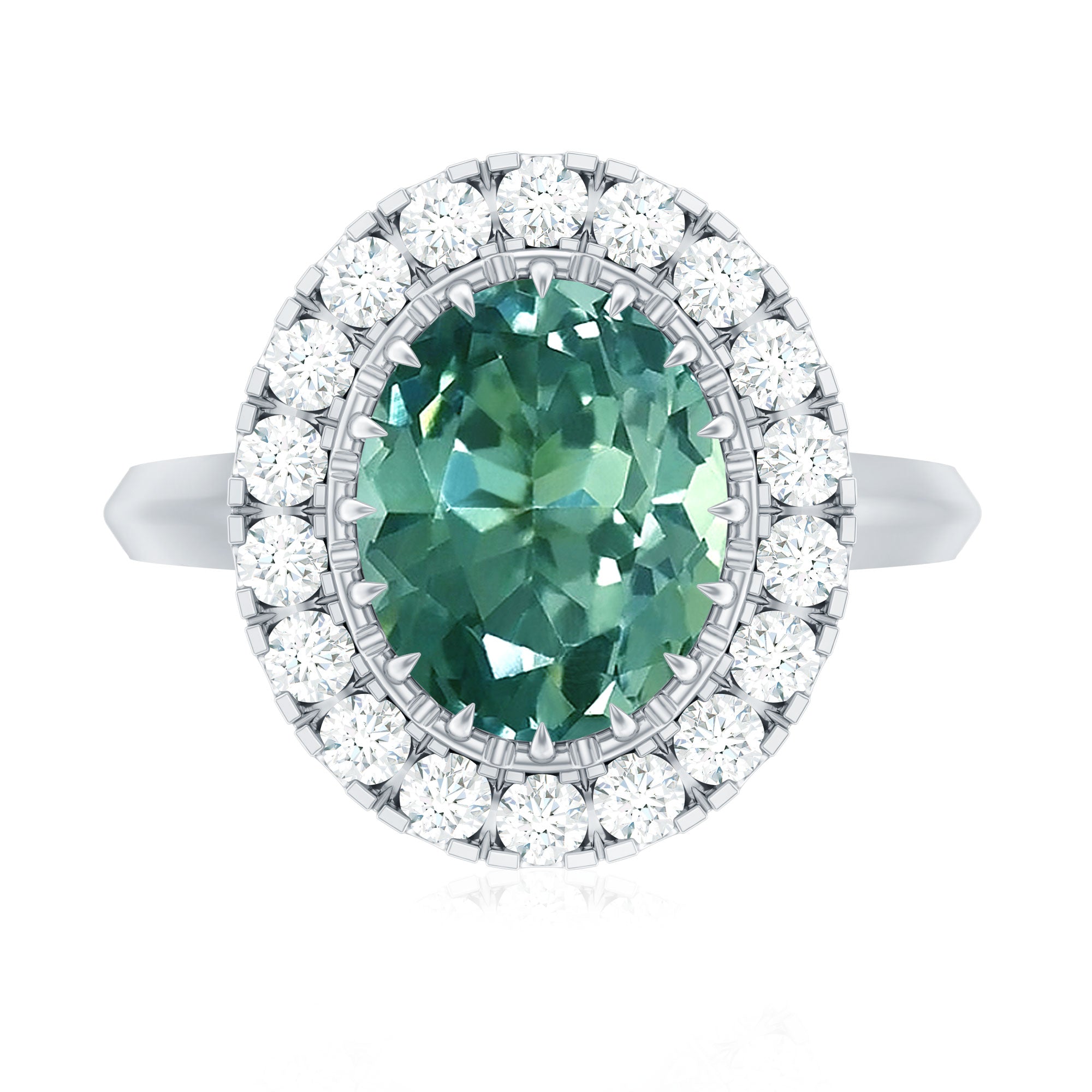 Oval Lab Grown Green Sapphire Engagement Ring with Moissanite Halo