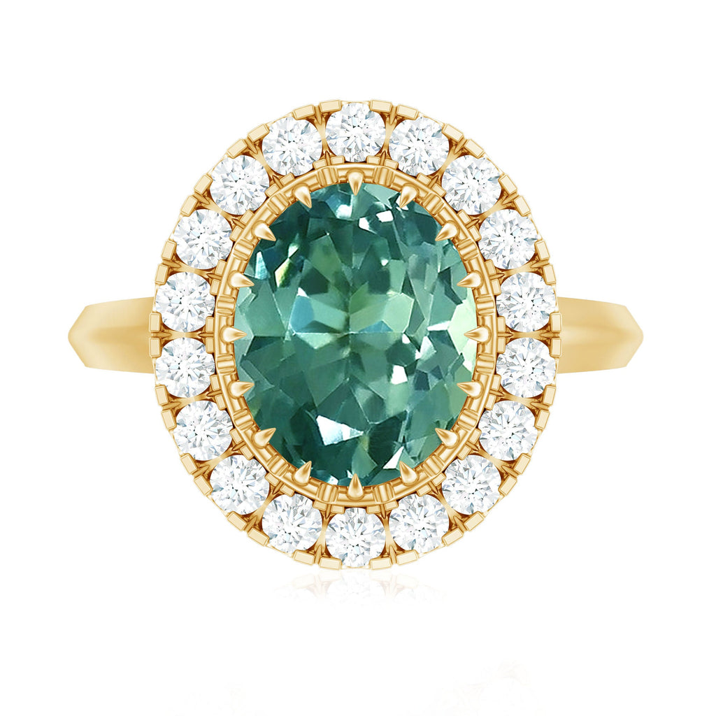 Oval Lab Grown Green Sapphire Engagement Ring with Moissanite Halo