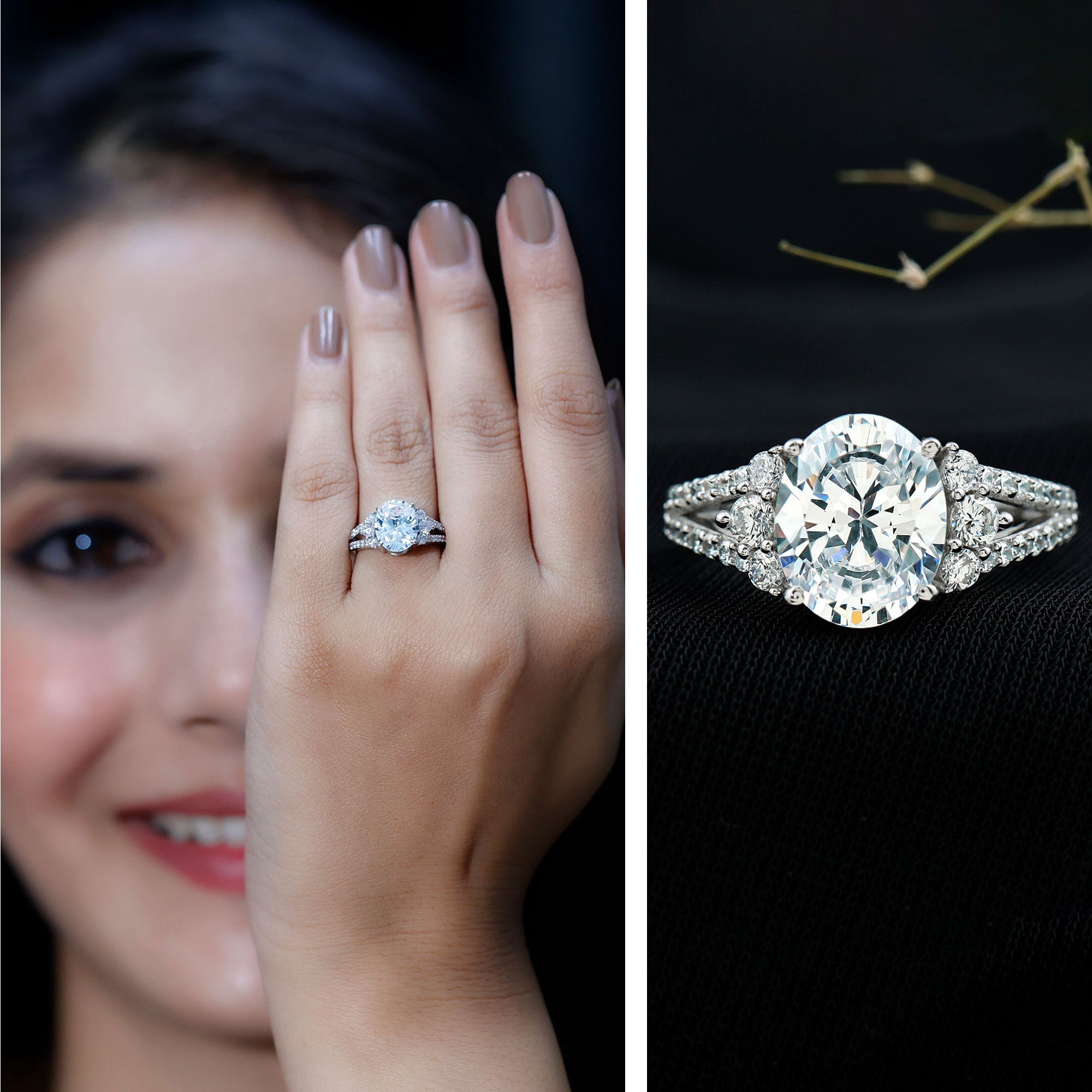 Solitaire Cubic Zirconia Oval Engagement Ring with Side Stones