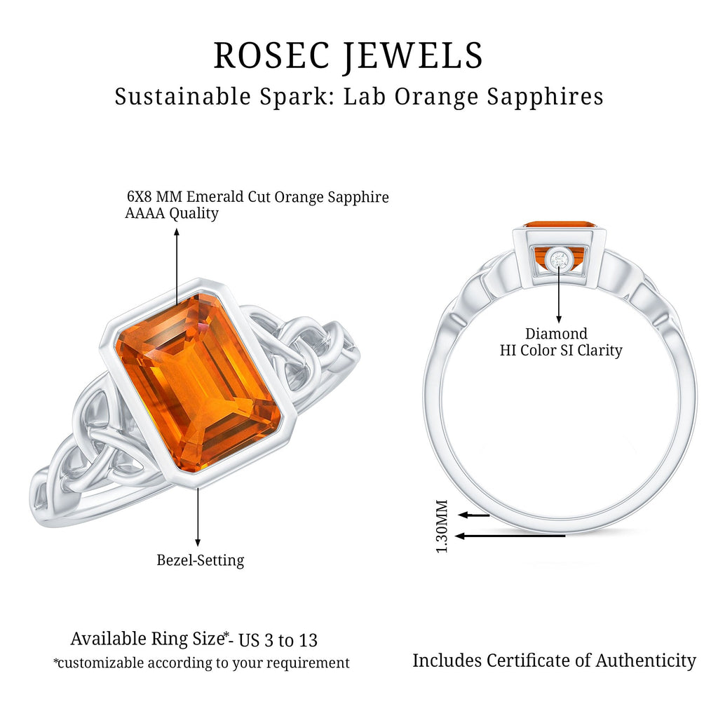 1.75 Carat Emerald Cut Lab Grown Orange Sapphire Diamond Bezel Set Engagement Ring