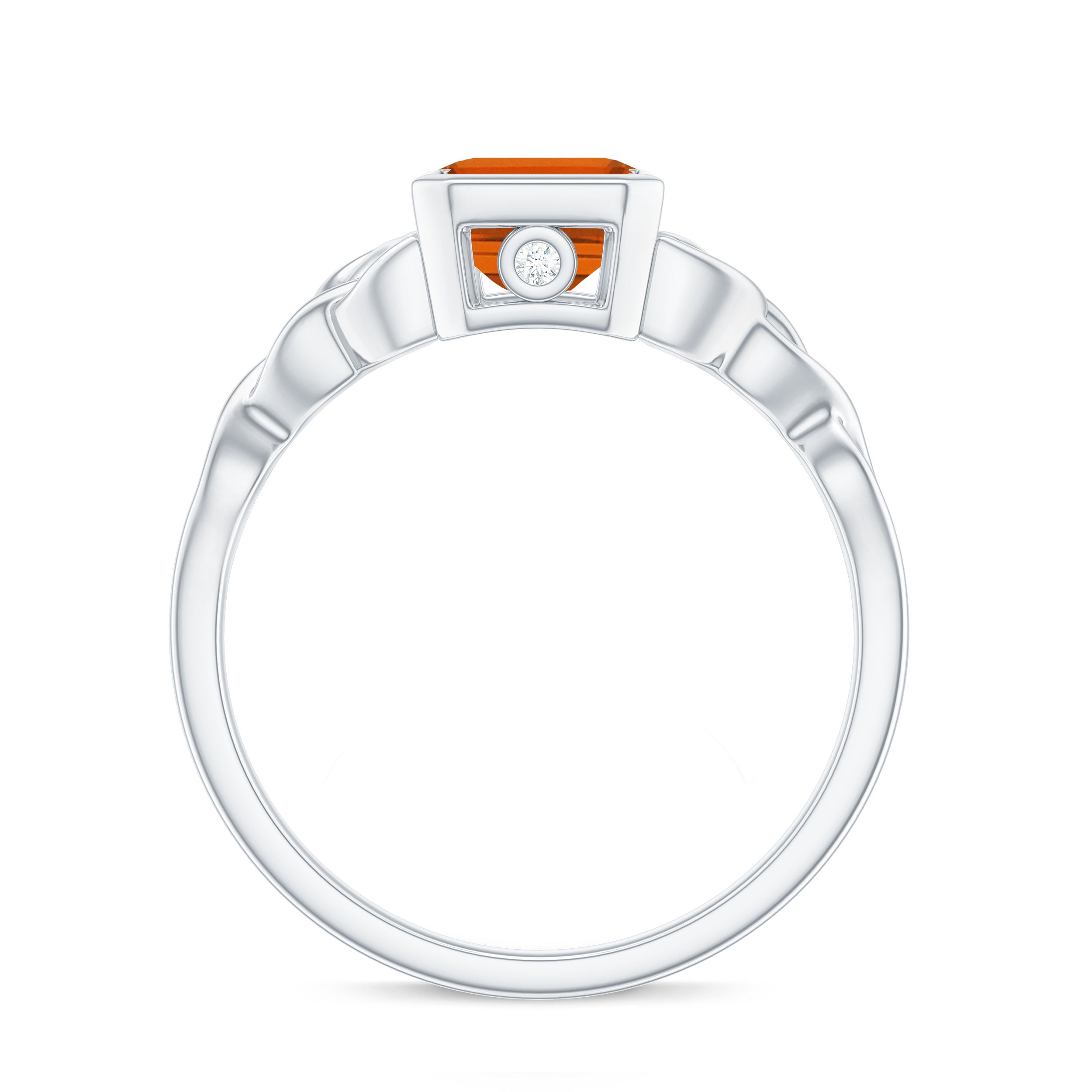 1.75 Carat Emerald Cut Lab Grown Orange Sapphire Diamond Bezel Set Engagement Ring
