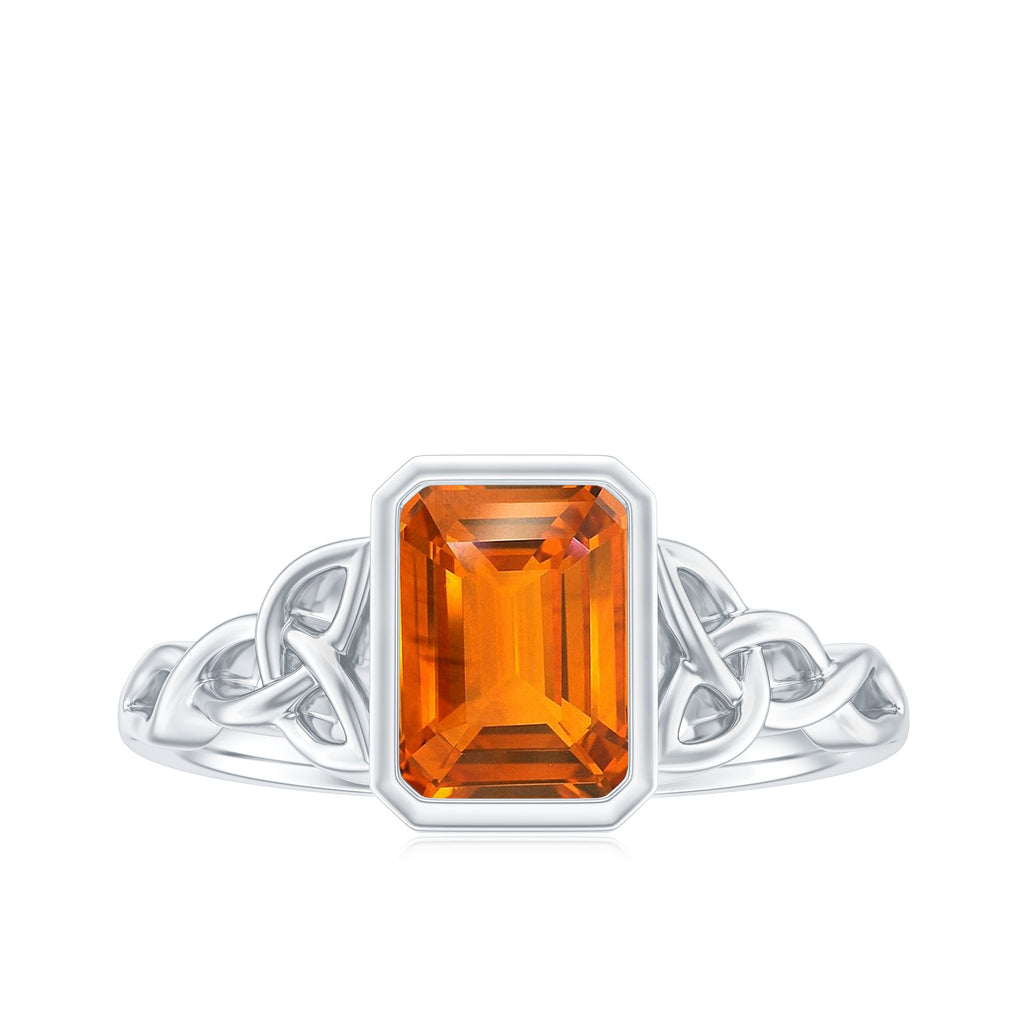 1.75 Carat Emerald Cut Lab Grown Orange Sapphire Diamond Bezel Set Engagement Ring
