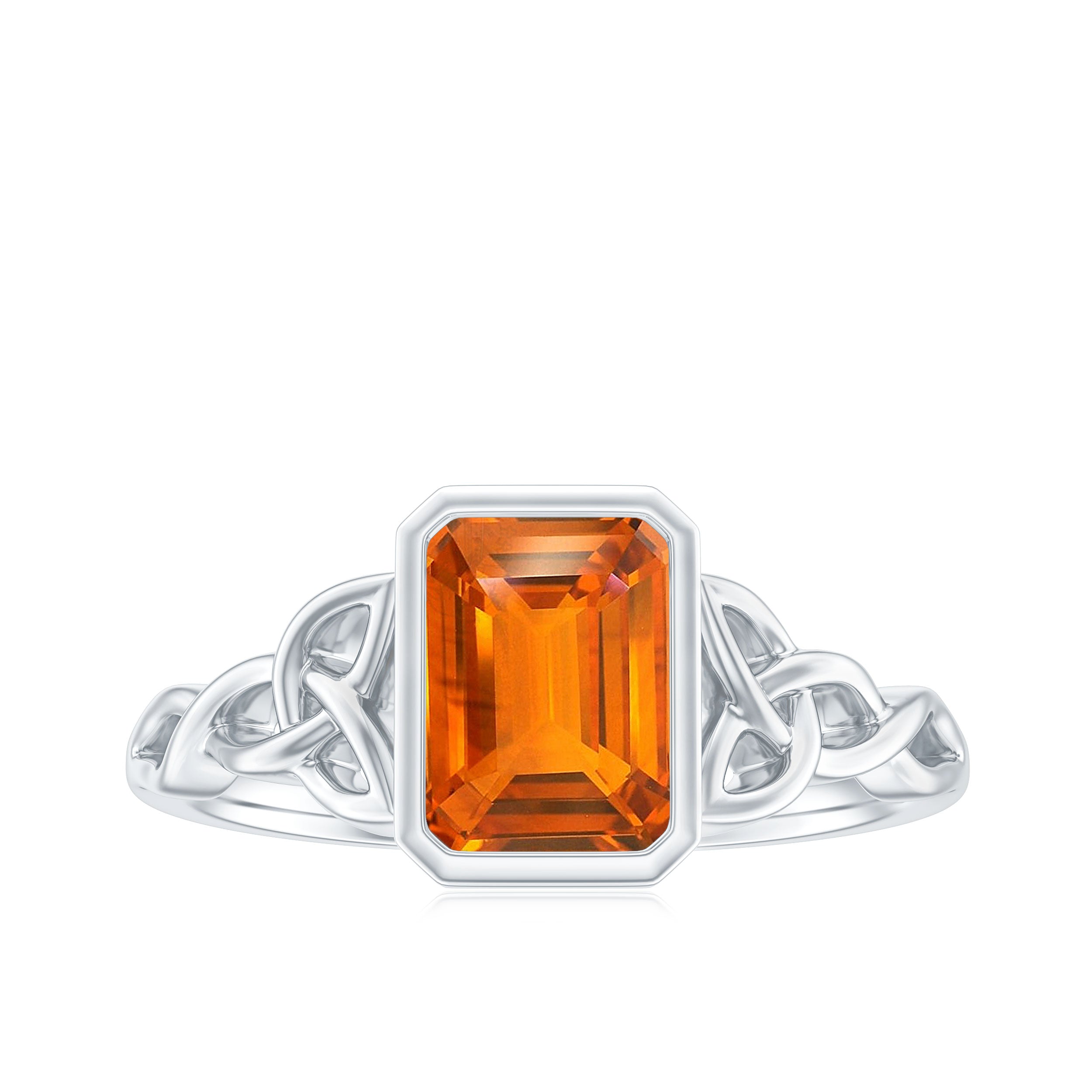 1.75 Carat Emerald Cut Lab Grown Orange Sapphire Diamond Bezel Set Engagement Ring