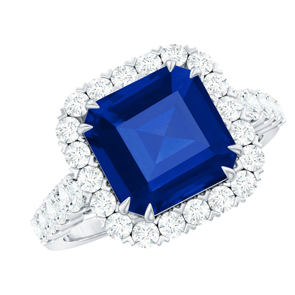 Certified 6.75 Carat Asscher Cut Lab Grown Blue Sapphire Engagement Ring with Diamond Halo