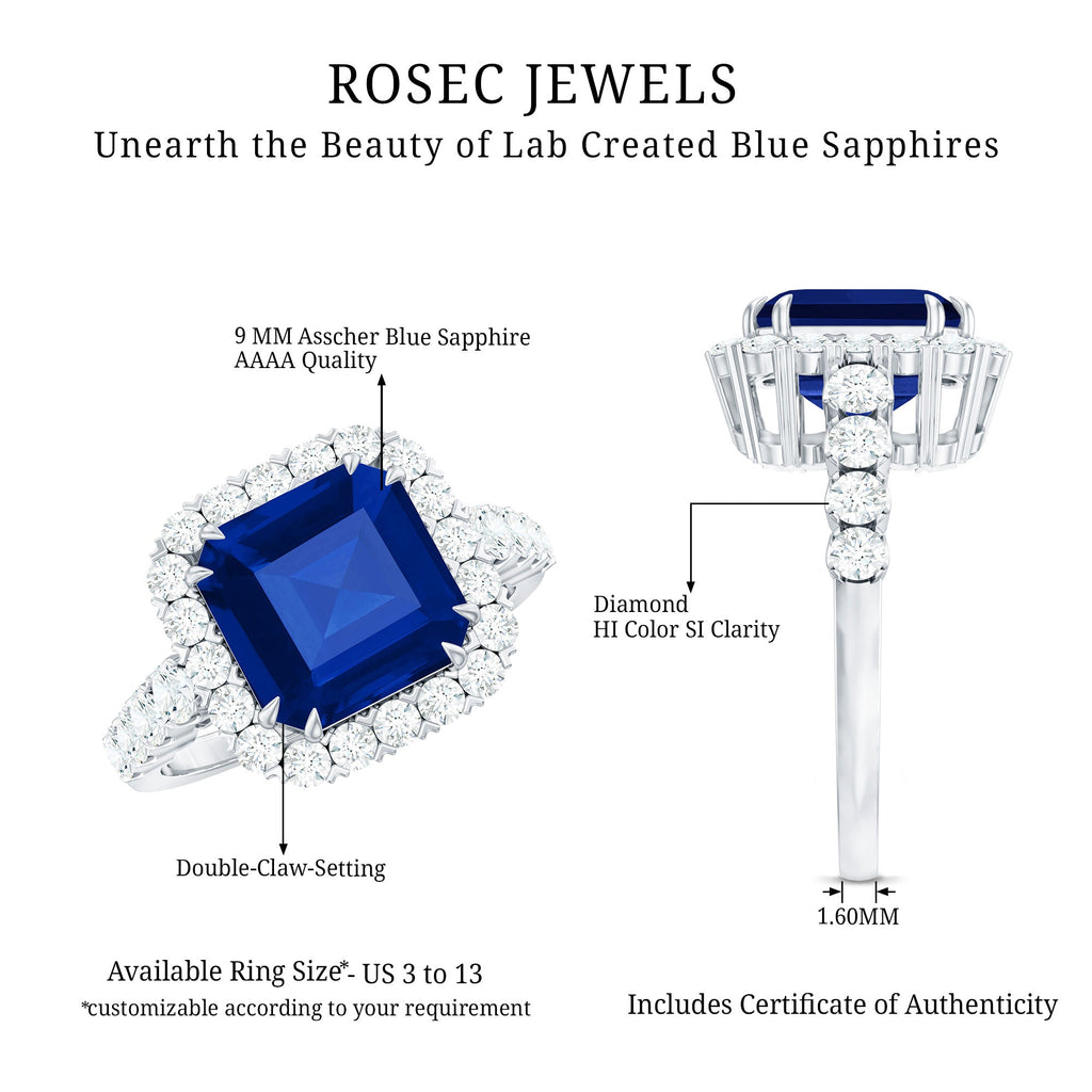 Certified 6.75 Carat Asscher Cut Lab Grown Blue Sapphire Engagement Ring with Diamond Halo