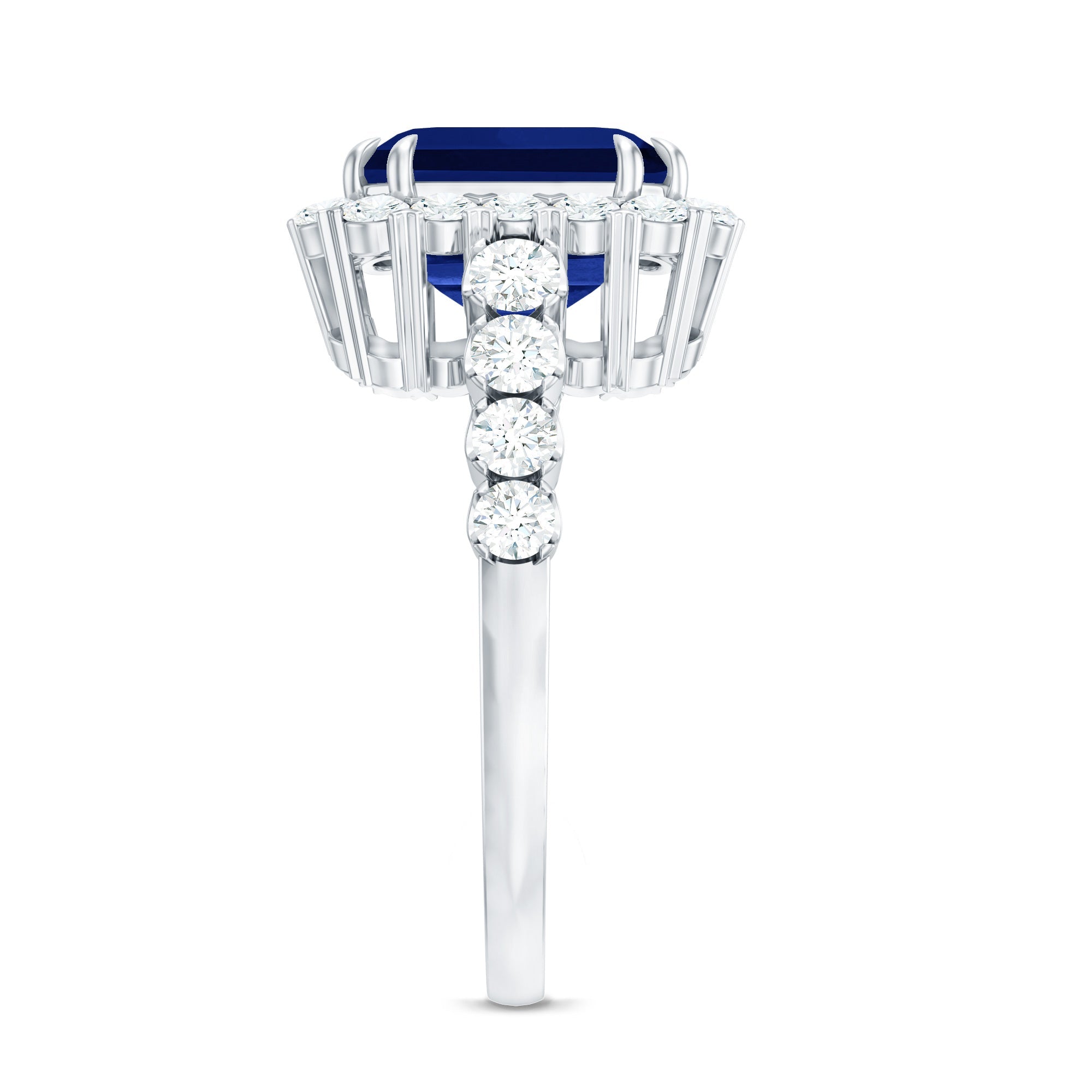 Certified 6.75 Carat Asscher Cut Lab Grown Blue Sapphire Engagement Ring with Diamond Halo