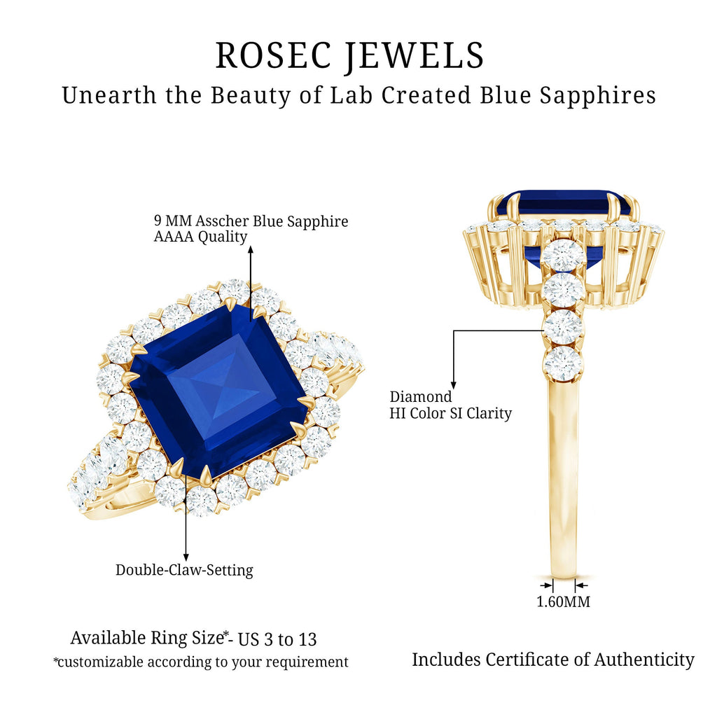 Certified 6.75 Carat Asscher Cut Lab Grown Blue Sapphire Engagement Ring with Diamond Halo