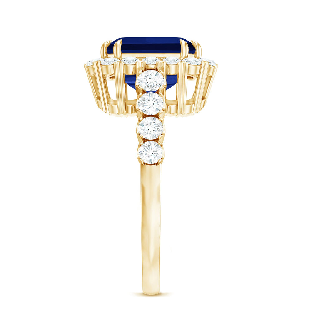 Certified 6.75 Carat Asscher Cut Lab Grown Blue Sapphire Engagement Ring with Diamond Halo
