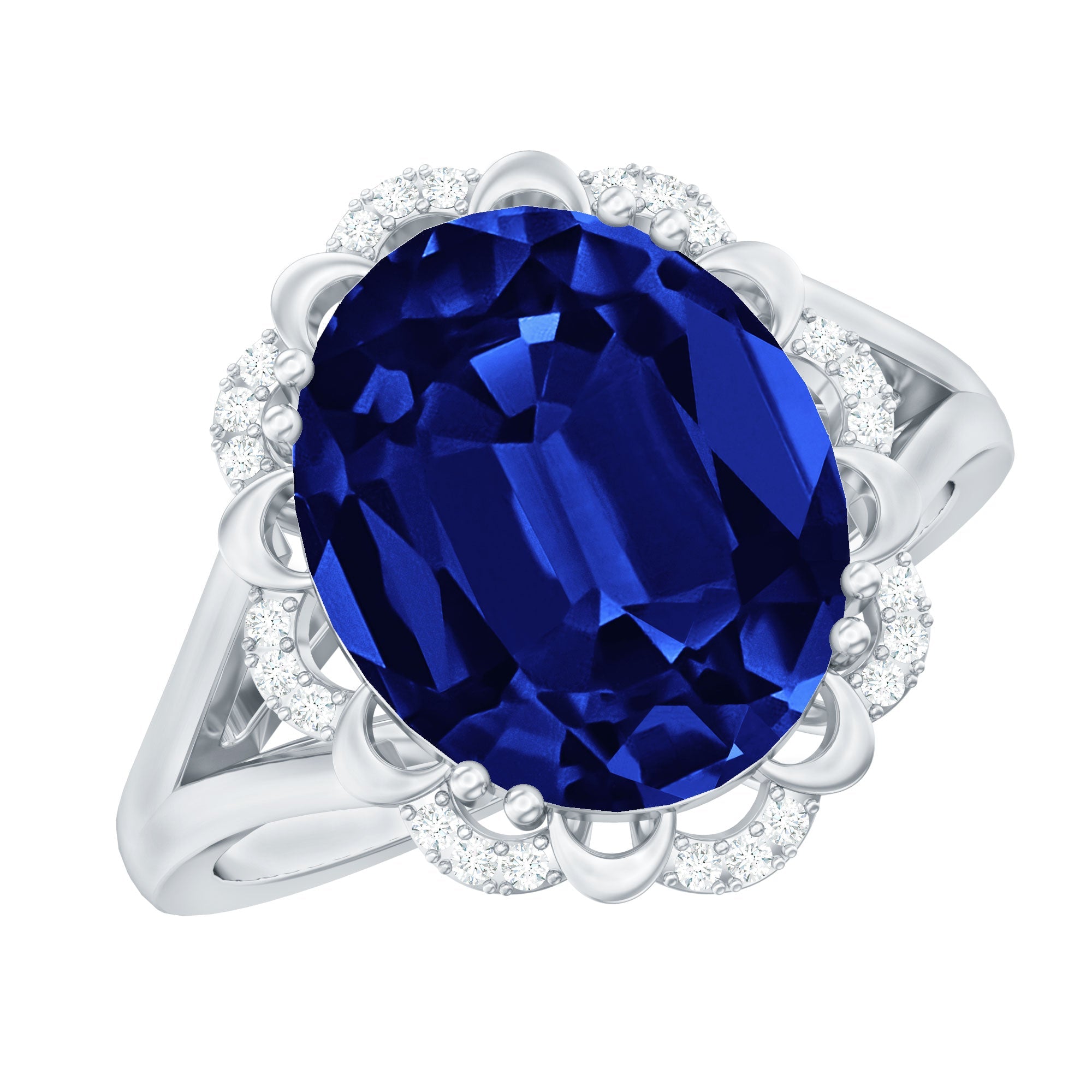 Certified 6 Carat Oval Lab Grown Blue Sapphire Retro Engagement Ring with Diamond