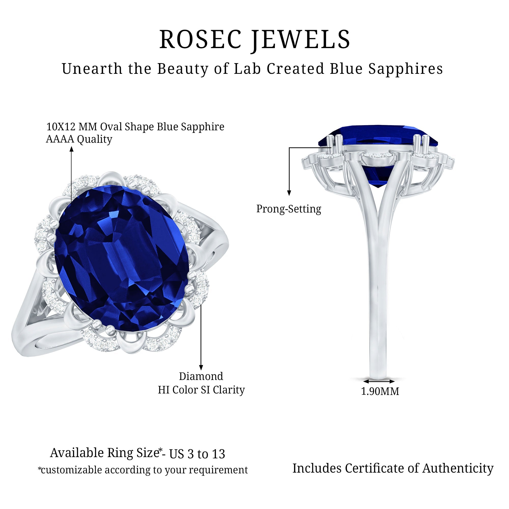 Certified 6 Carat Oval Lab Grown Blue Sapphire Retro Engagement Ring with Diamond