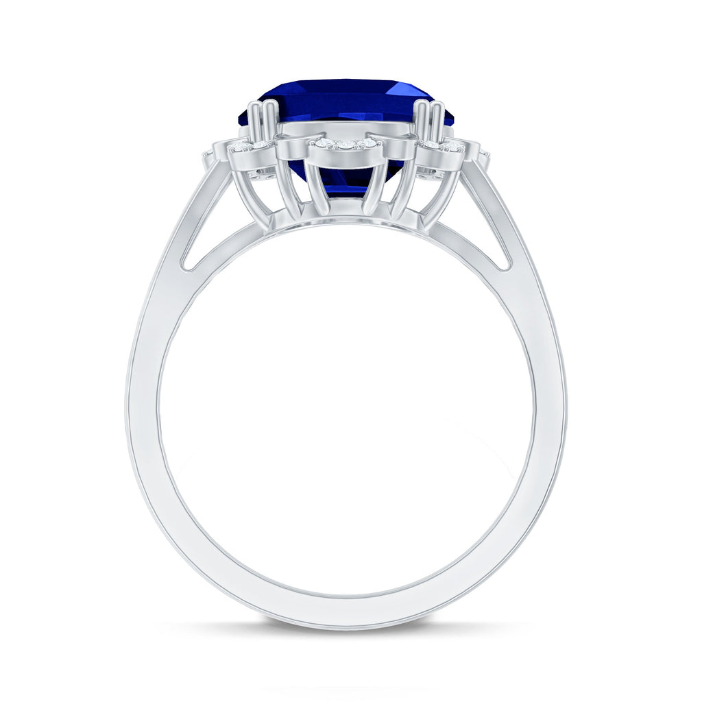 Certified 6 Carat Oval Lab Grown Blue Sapphire Retro Engagement Ring with Diamond