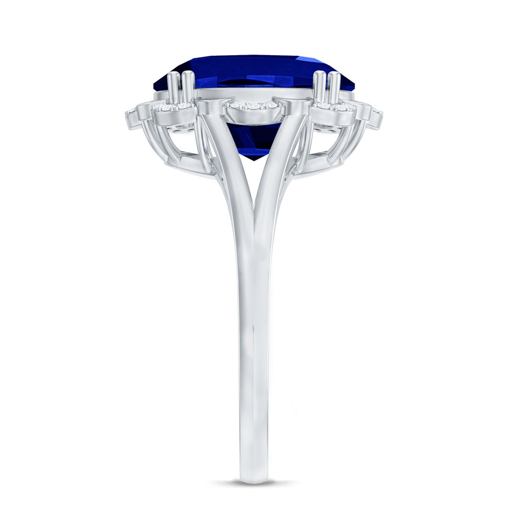 Certified 6 Carat Oval Lab Grown Blue Sapphire Retro Engagement Ring with Diamond