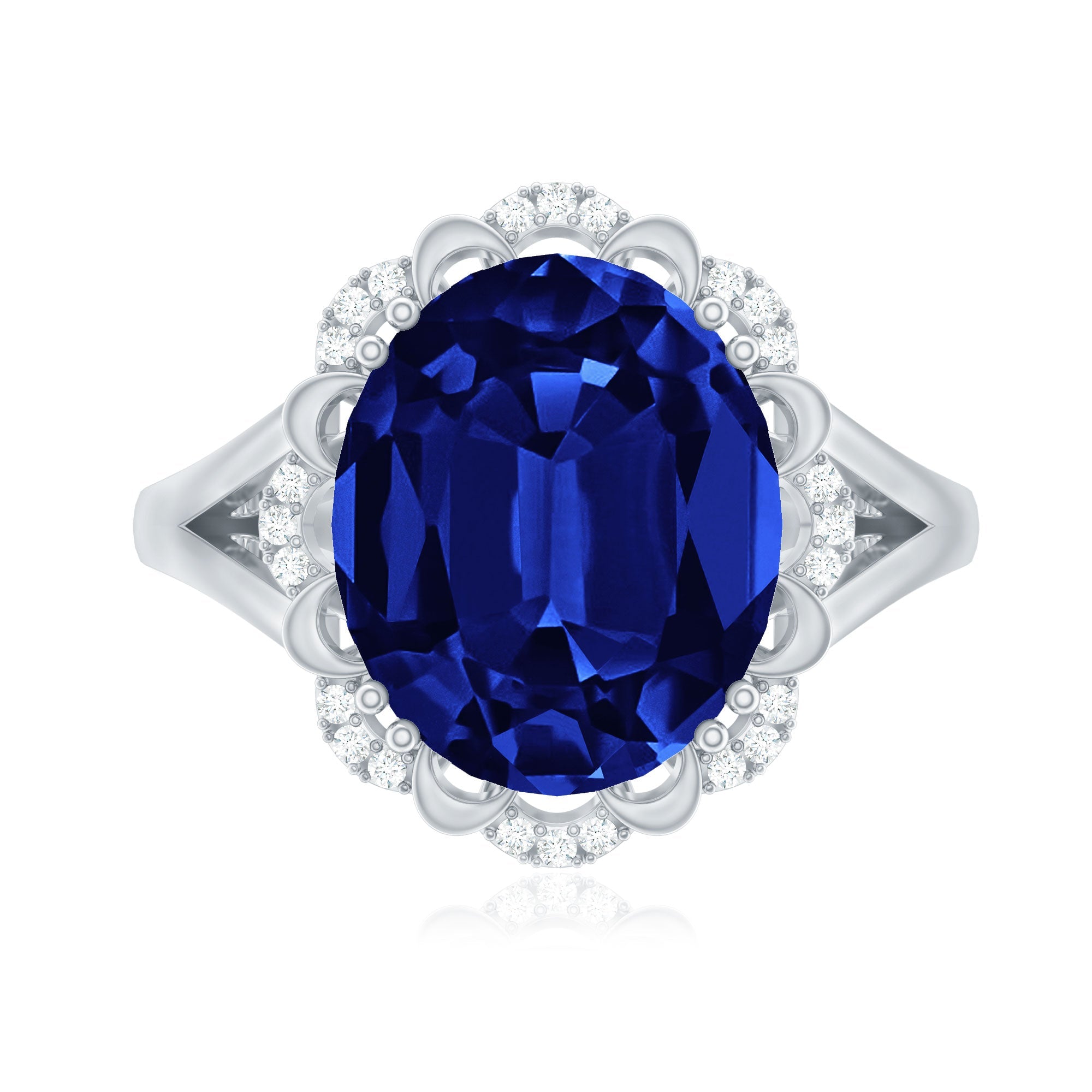 Certified 6 Carat Oval Lab Grown Blue Sapphire Retro Engagement Ring with Diamond