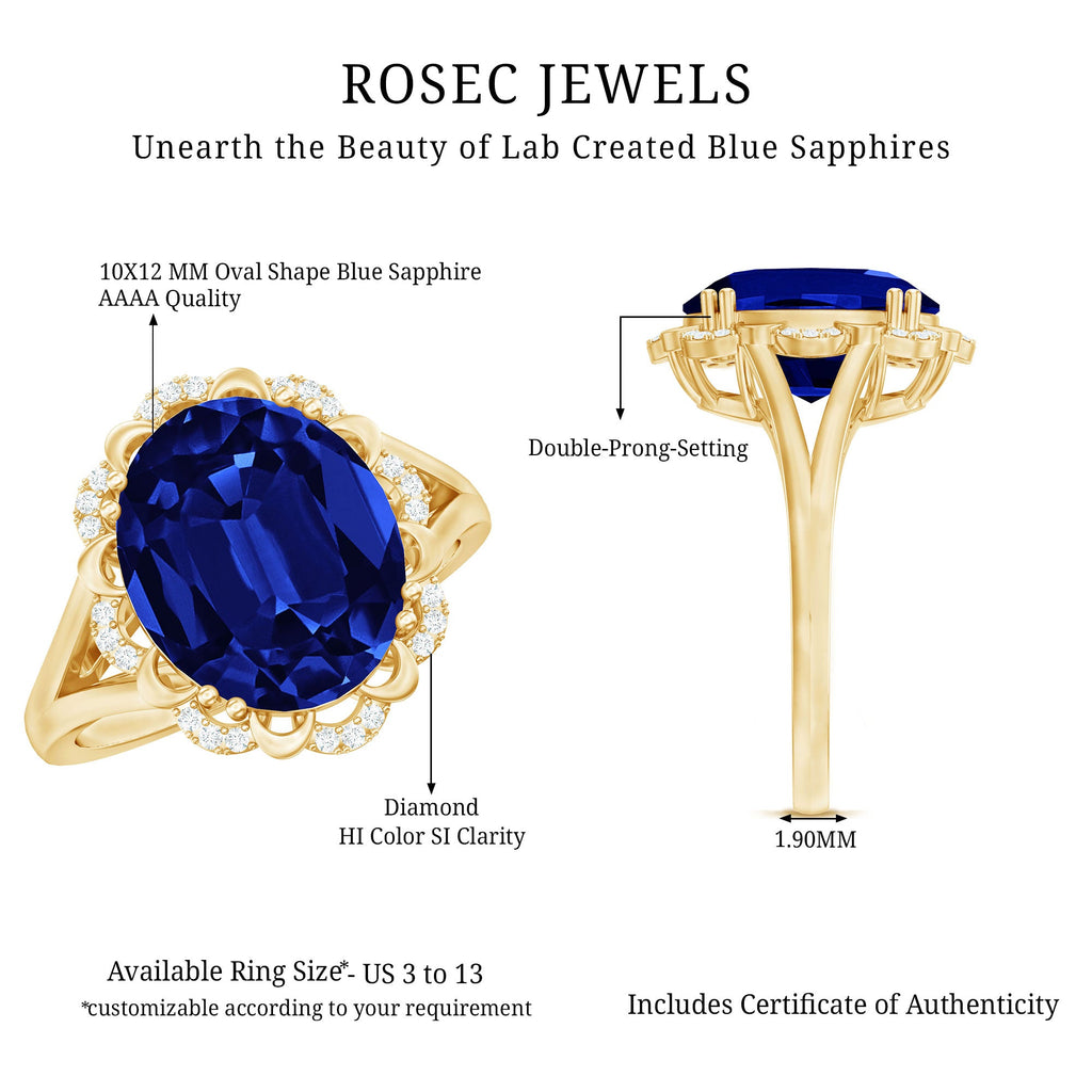 Certified 6 Carat Oval Lab Grown Blue Sapphire Retro Engagement Ring with Diamond
