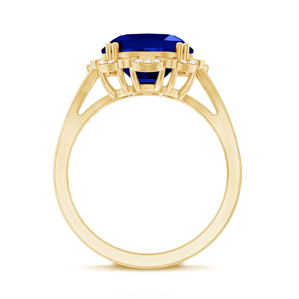 Certified 6 Carat Oval Lab Grown Blue Sapphire Retro Engagement Ring with Diamond
