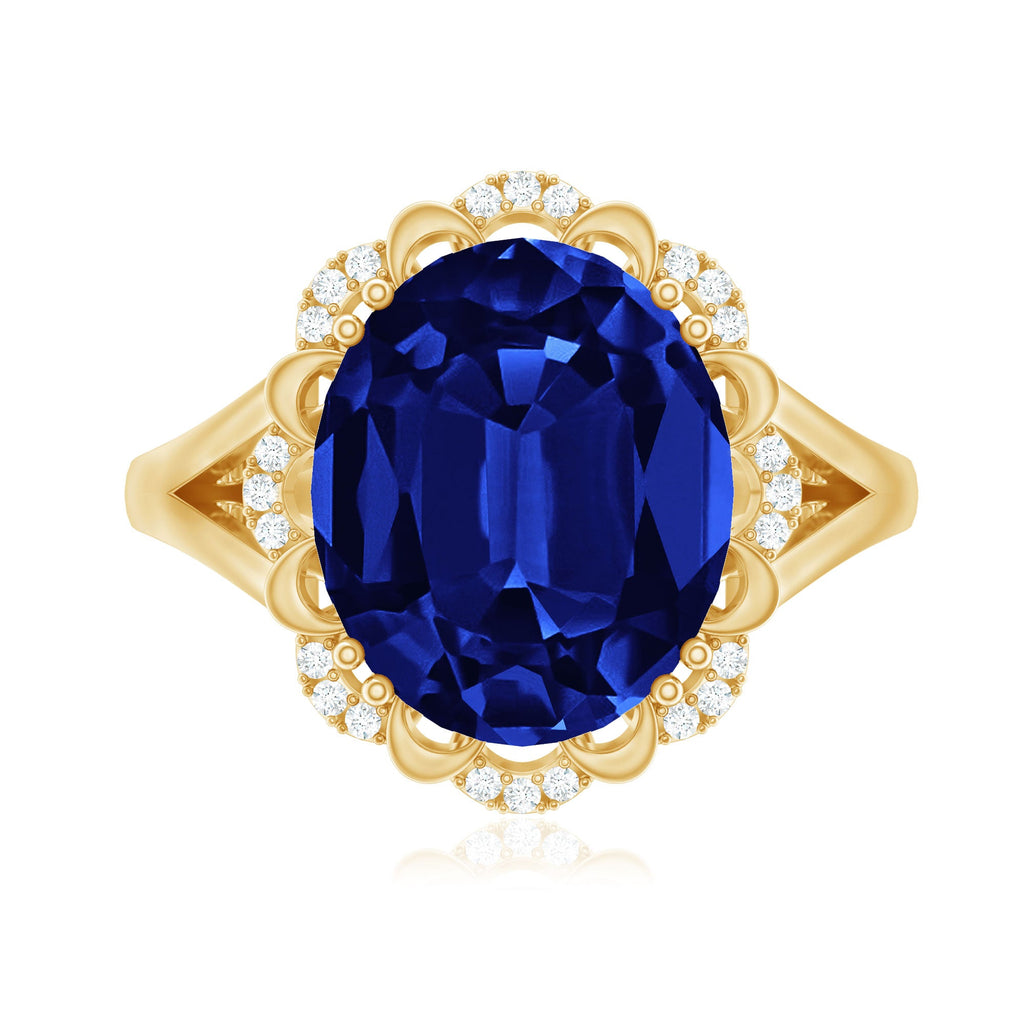 Certified 6 Carat Oval Lab Grown Blue Sapphire Retro Engagement Ring with Diamond