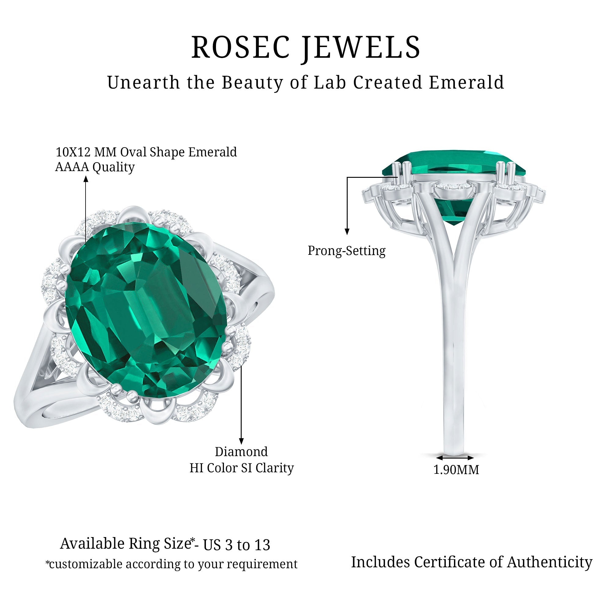 Vintage Looking 10X12mm Lab Created Emerald Engagement Ring with Diamond