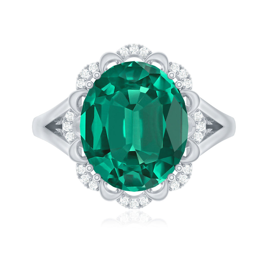 Vintage Looking 10X12mm Lab Created Emerald Engagement Ring with Diamond