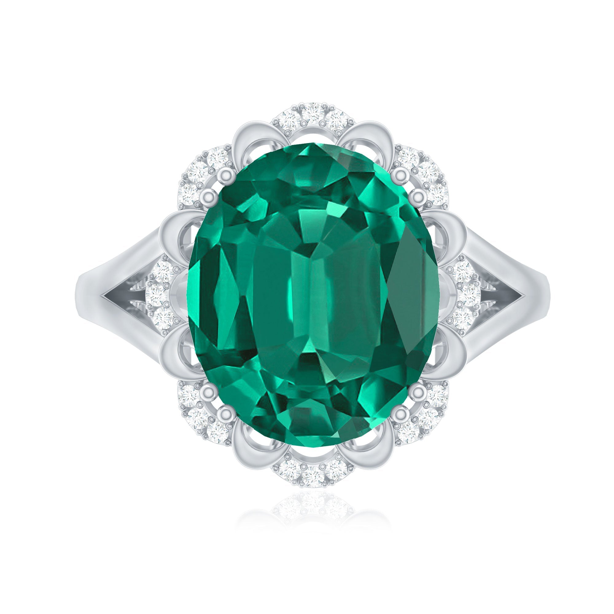Vintage Looking 10X12mm Lab Created Emerald Engagement Ring with Diamond